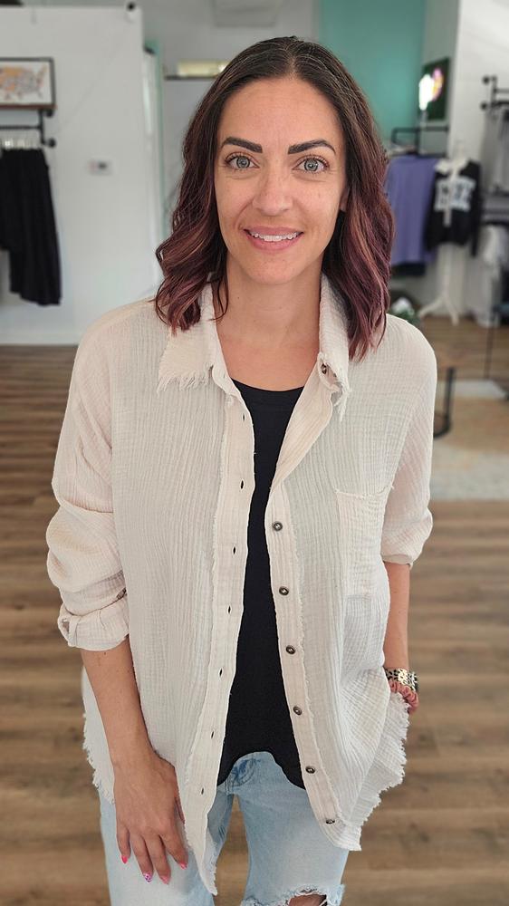 Shop Gauzy Button Down Shirt - Sand- at Ruby Joy Boutique, a Women's Clothing Store in Pickerington, Ohio