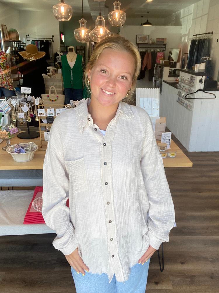 Shop Gauzy Button Down Shirt - Sand- at Ruby Joy Boutique, a Women's Clothing Store in Pickerington, Ohio