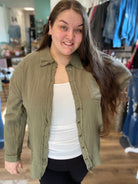 Shop Gauzy Oversized Top - Olive-Shirts & Tops at Ruby Joy Boutique, a Women's Clothing Store in Pickerington, Ohio