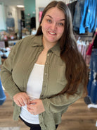 Shop Gauzy Oversized Top - Olive-Shirts & Tops at Ruby Joy Boutique, a Women's Clothing Store in Pickerington, Ohio