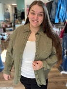 Shop Gauzy Oversized Top - Olive-Shirts & Tops at Ruby Joy Boutique, a Women's Clothing Store in Pickerington, Ohio