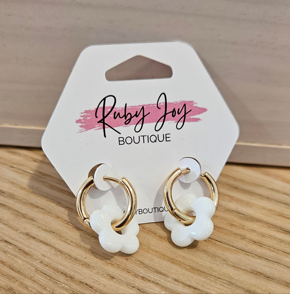 Shop Glass Flower Huggie Earrings-Huggie Earrings at Ruby Joy Boutique, a Women's Clothing Store in Pickerington, Ohio