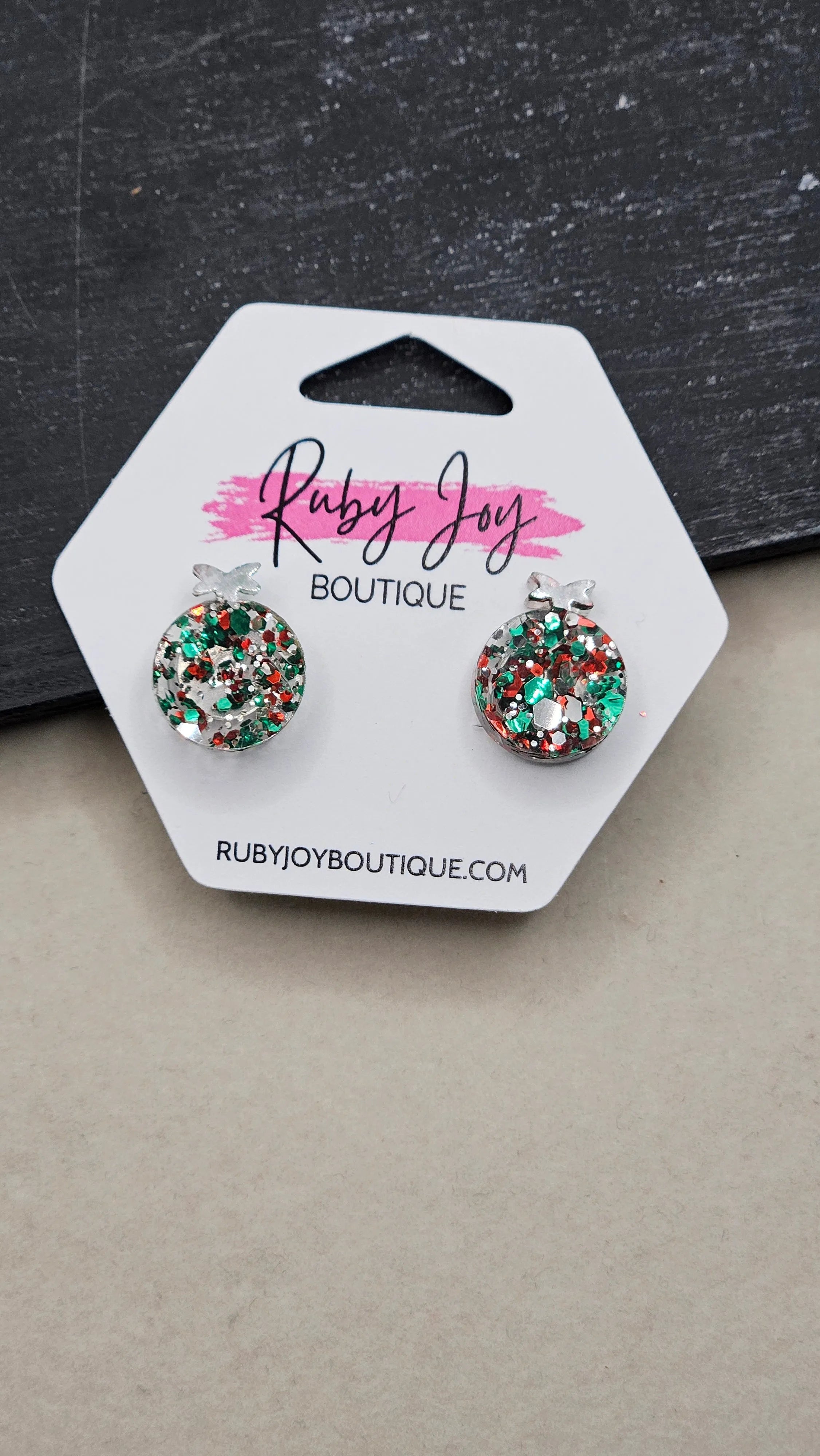 Shop Glitter Christmas Ornament Stud Earrings- at Ruby Joy Boutique, a Women's Clothing Store in Pickerington, Ohio