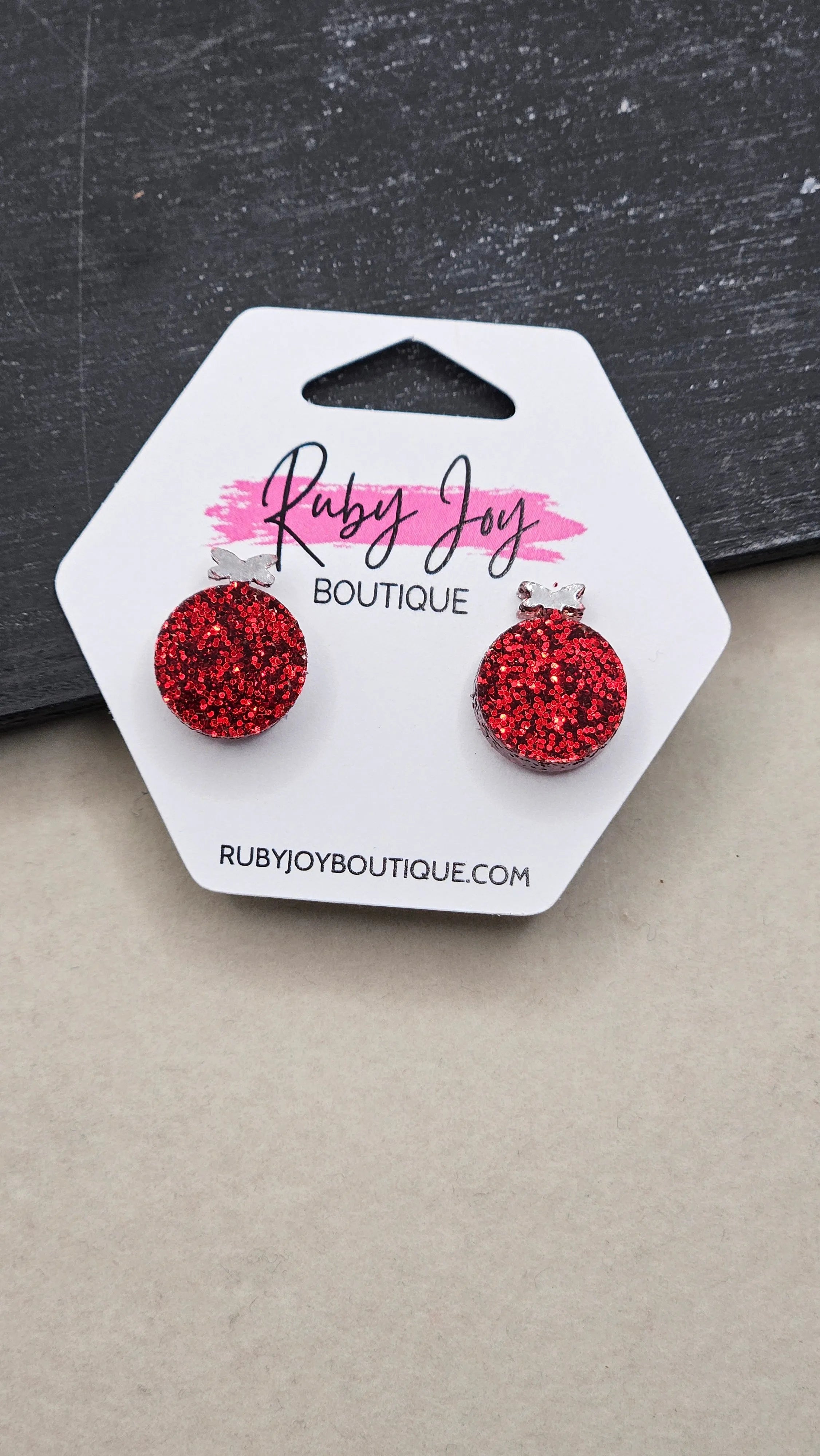 Shop Glitter Christmas Ornament Stud Earrings- at Ruby Joy Boutique, a Women's Clothing Store in Pickerington, Ohio