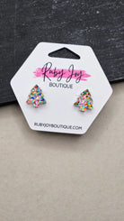 Shop Glitter Christmas Tree Stud Earrings- at Ruby Joy Boutique, a Women's Clothing Store in Pickerington, Ohio