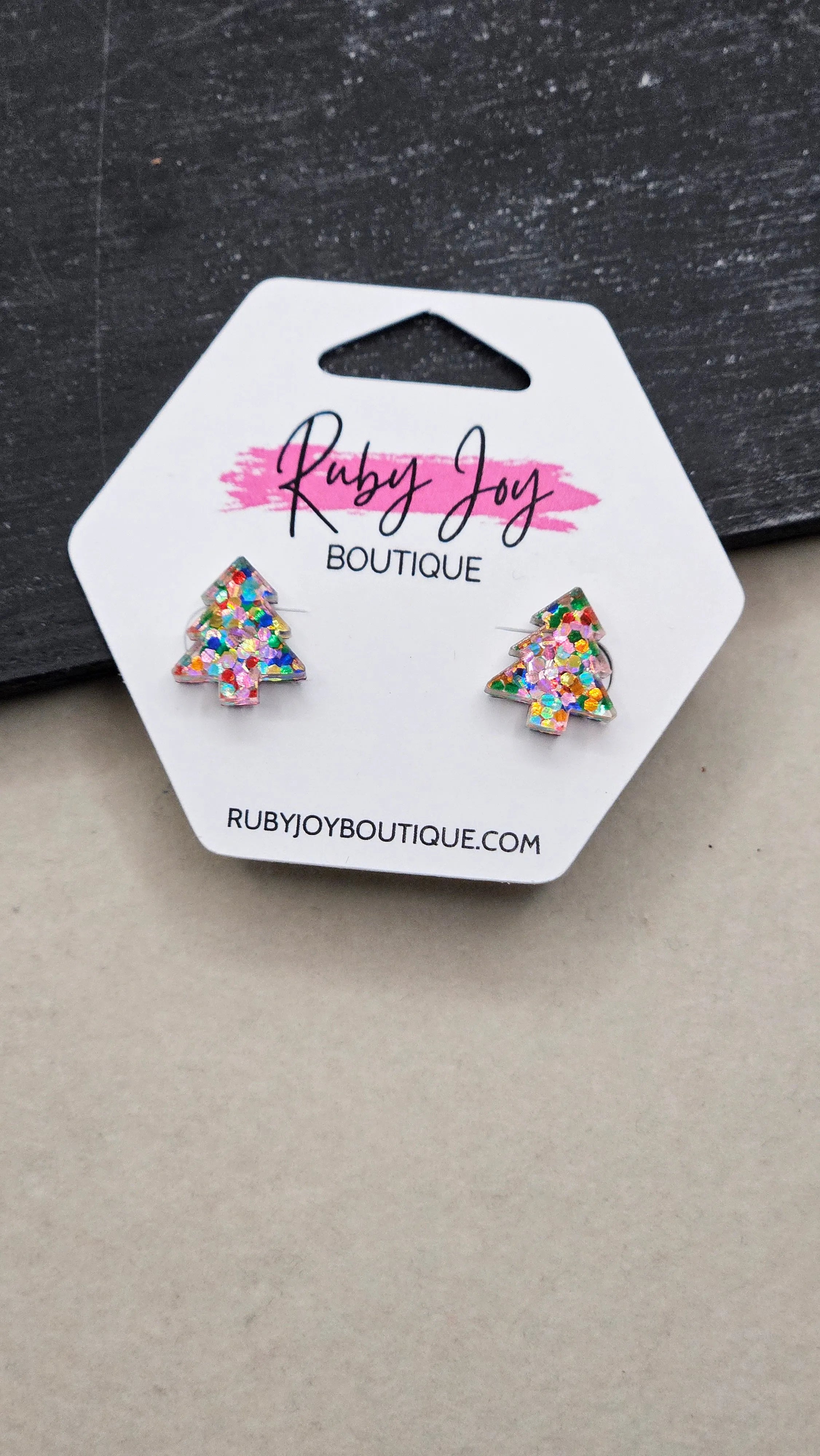 Shop Glitter Christmas Tree Stud Earrings- at Ruby Joy Boutique, a Women's Clothing Store in Pickerington, Ohio