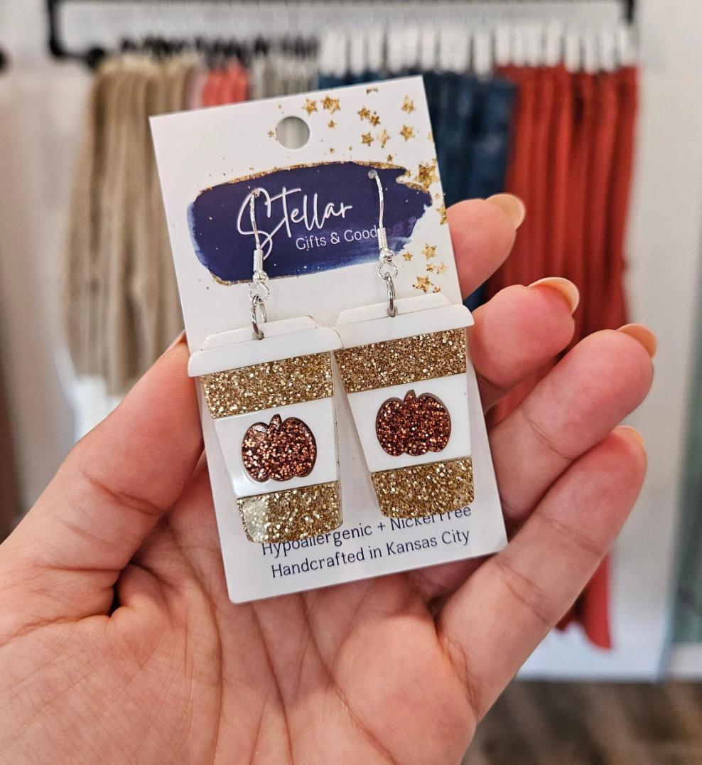 Shop Glitter Pumpkin Spice Latte Earrings-Earrings at Ruby Joy Boutique, a Women's Clothing Store in Pickerington, Ohio