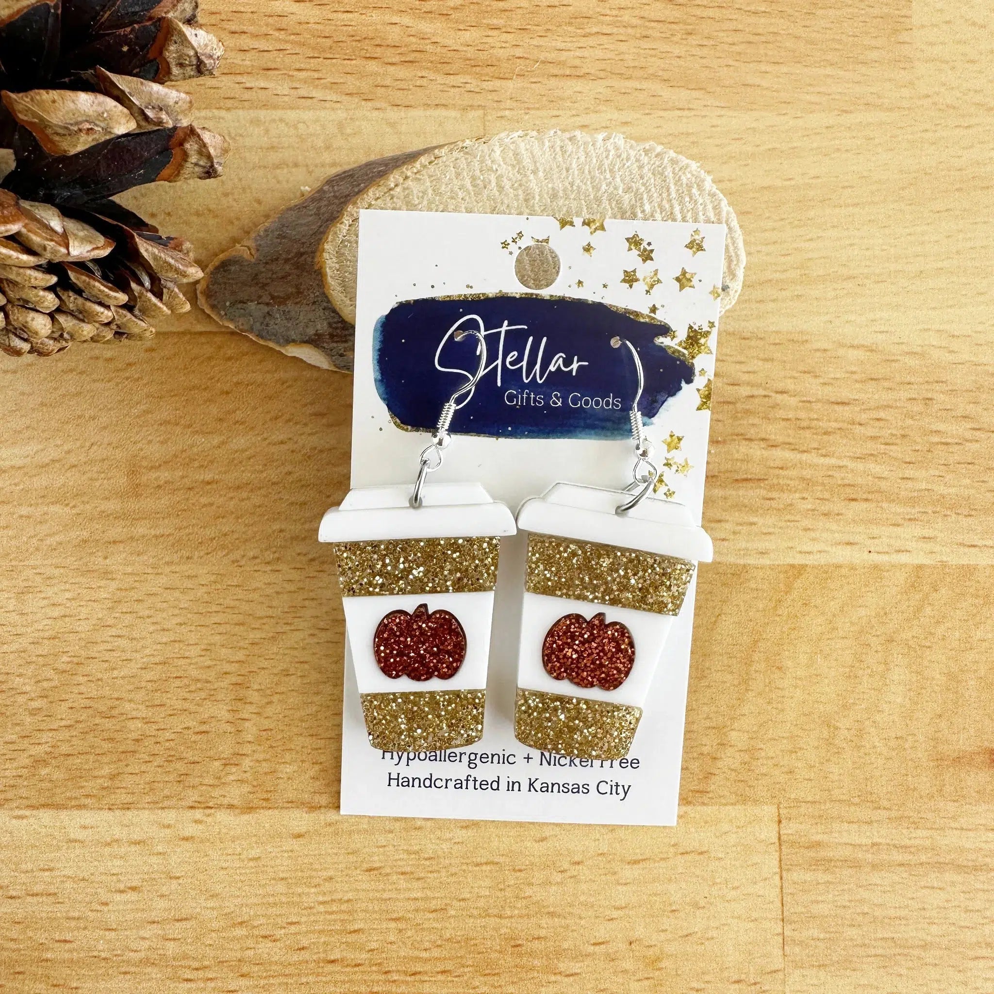 Shop Glitter Pumpkin Spice Latte Earrings-Earrings at Ruby Joy Boutique, a Women's Clothing Store in Pickerington, Ohio