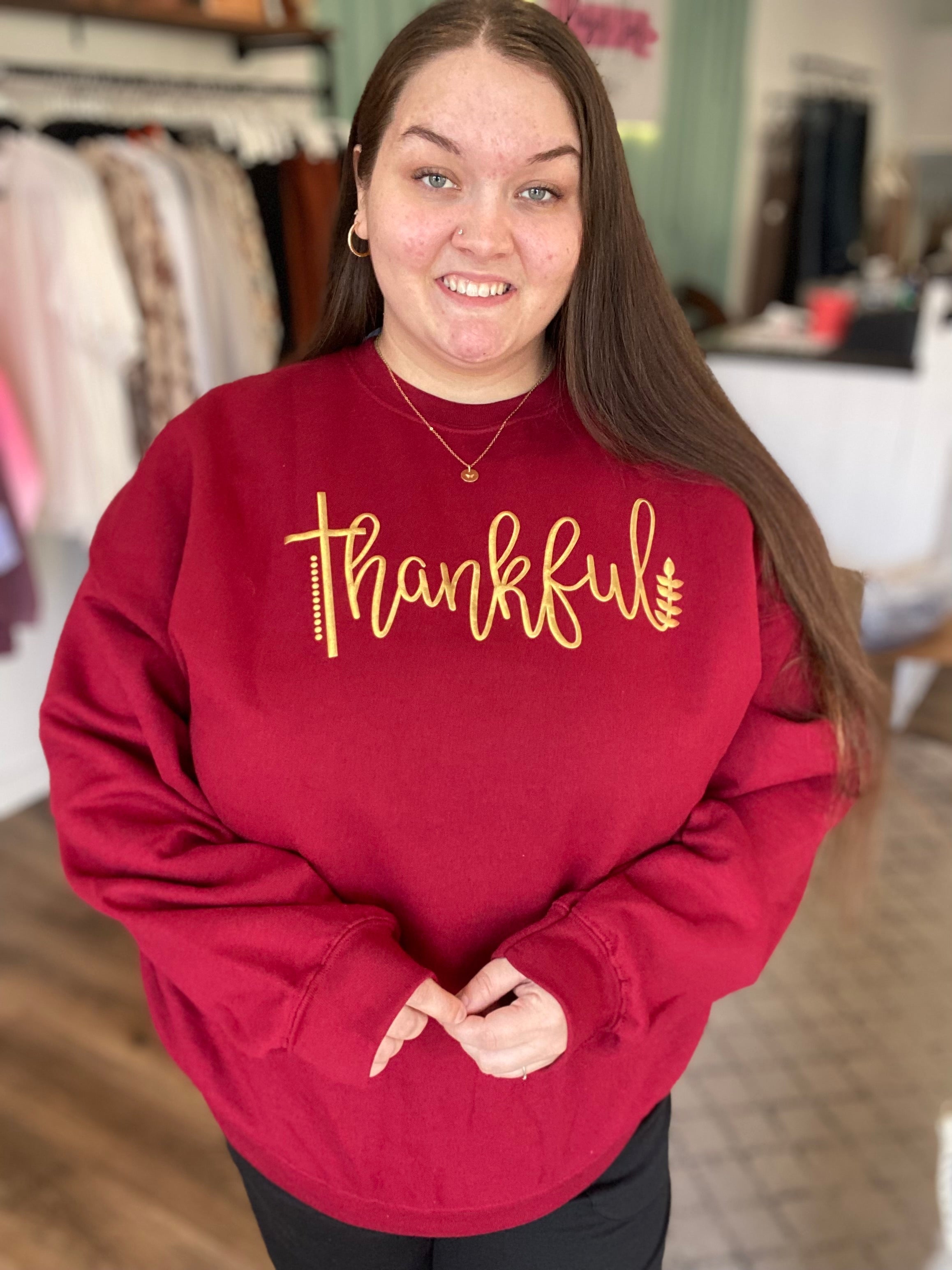 Shop Gold Puff Thankful Sweatshirt-sweatshirt at Ruby Joy Boutique, a Women's Clothing Store in Pickerington, Ohio