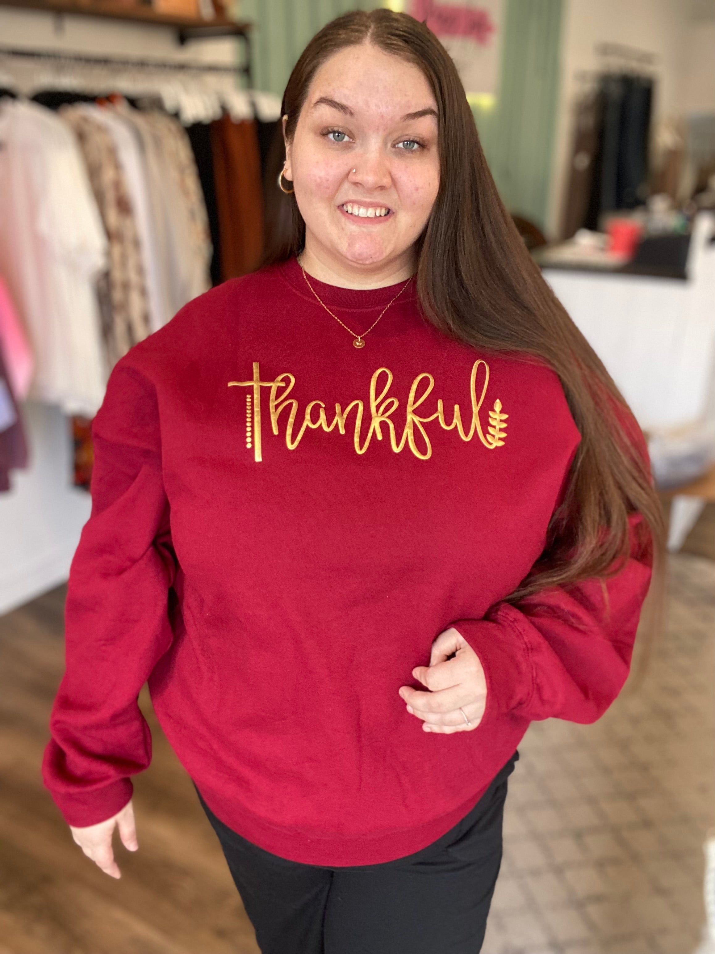 Shop Gold Puff Thankful Sweatshirt-sweatshirt at Ruby Joy Boutique, a Women's Clothing Store in Pickerington, Ohio