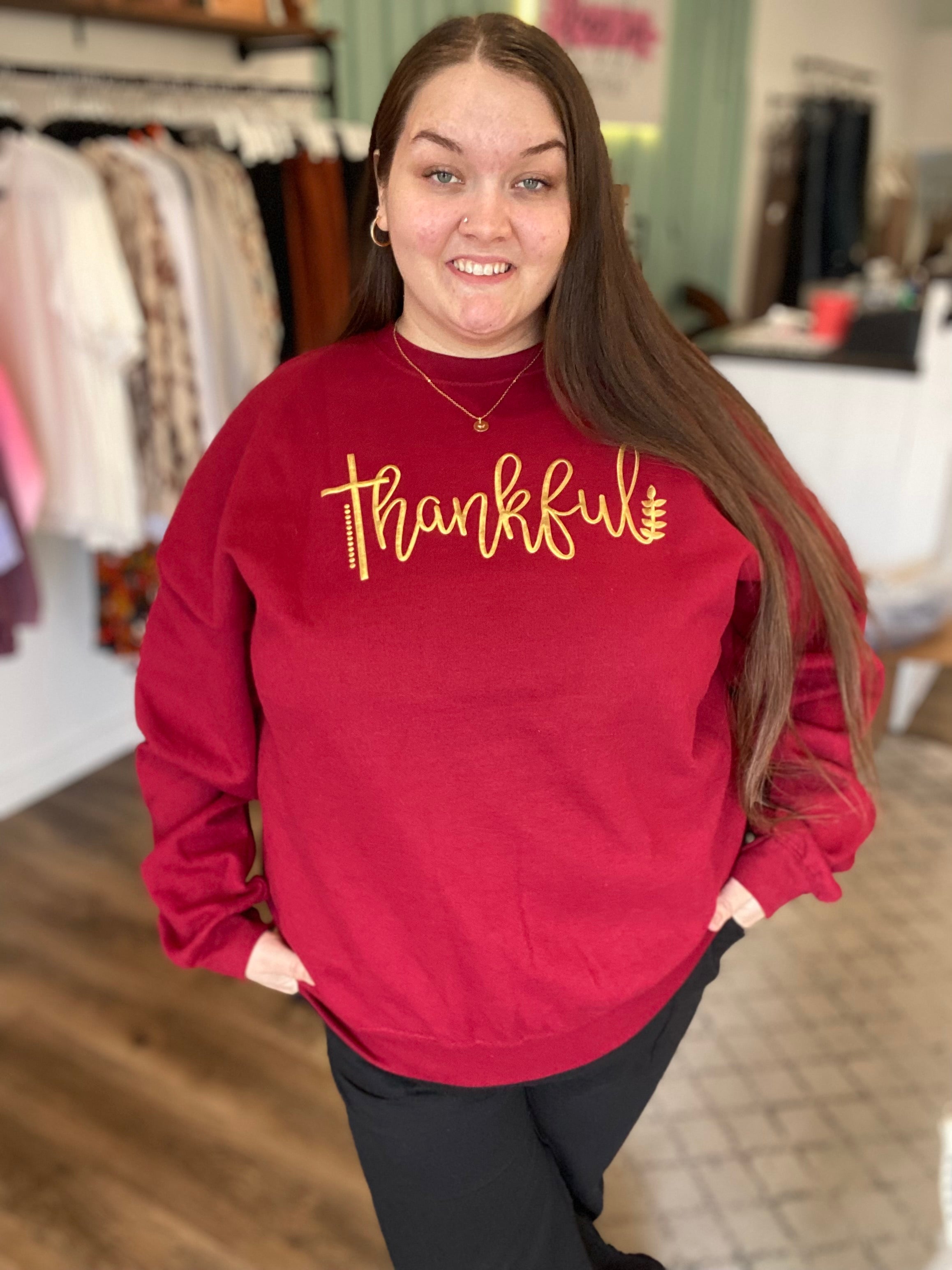 Shop Gold Puff Thankful Sweatshirt-sweatshirt at Ruby Joy Boutique, a Women's Clothing Store in Pickerington, Ohio