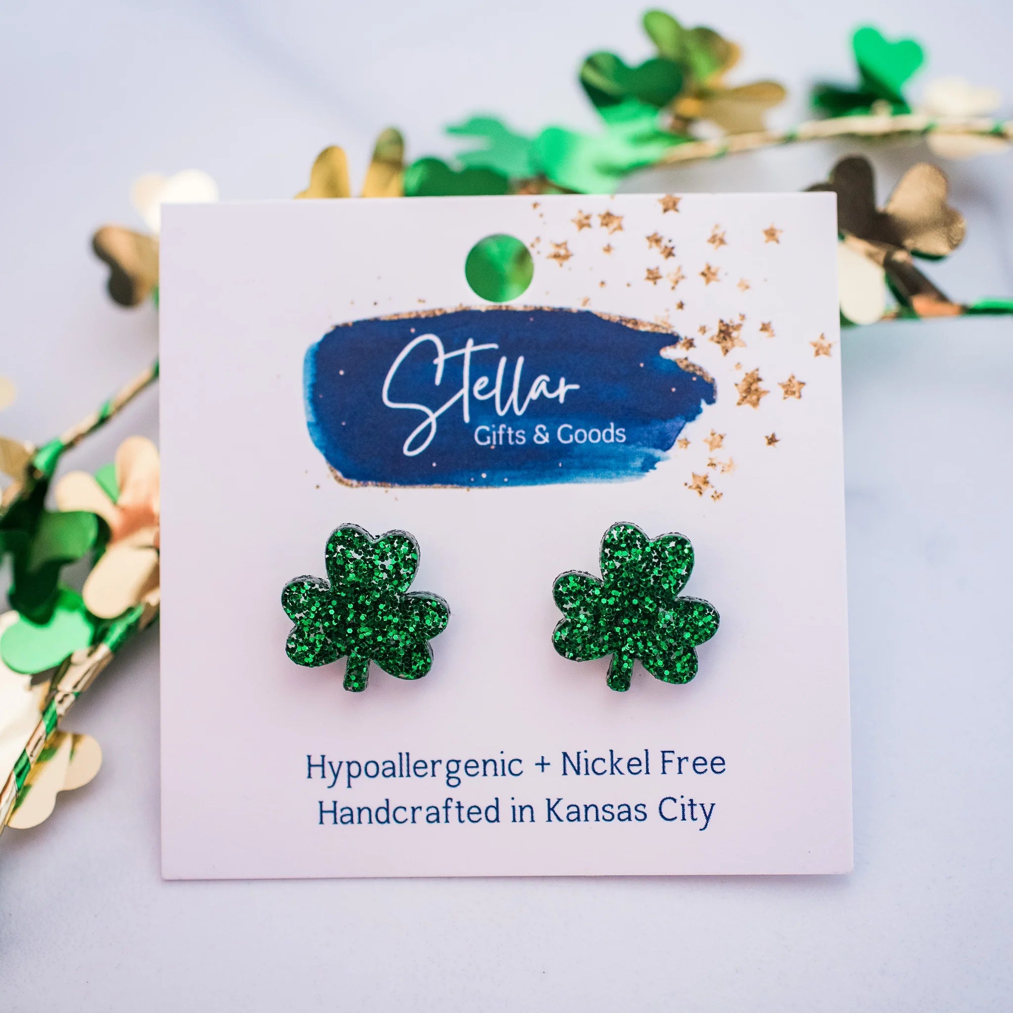 Shop Green Glitter Shamrock Studs - St Patrick Paddy Day Earrings-Earrings at Ruby Joy Boutique, a Women's Clothing Store in Pickerington, Ohio