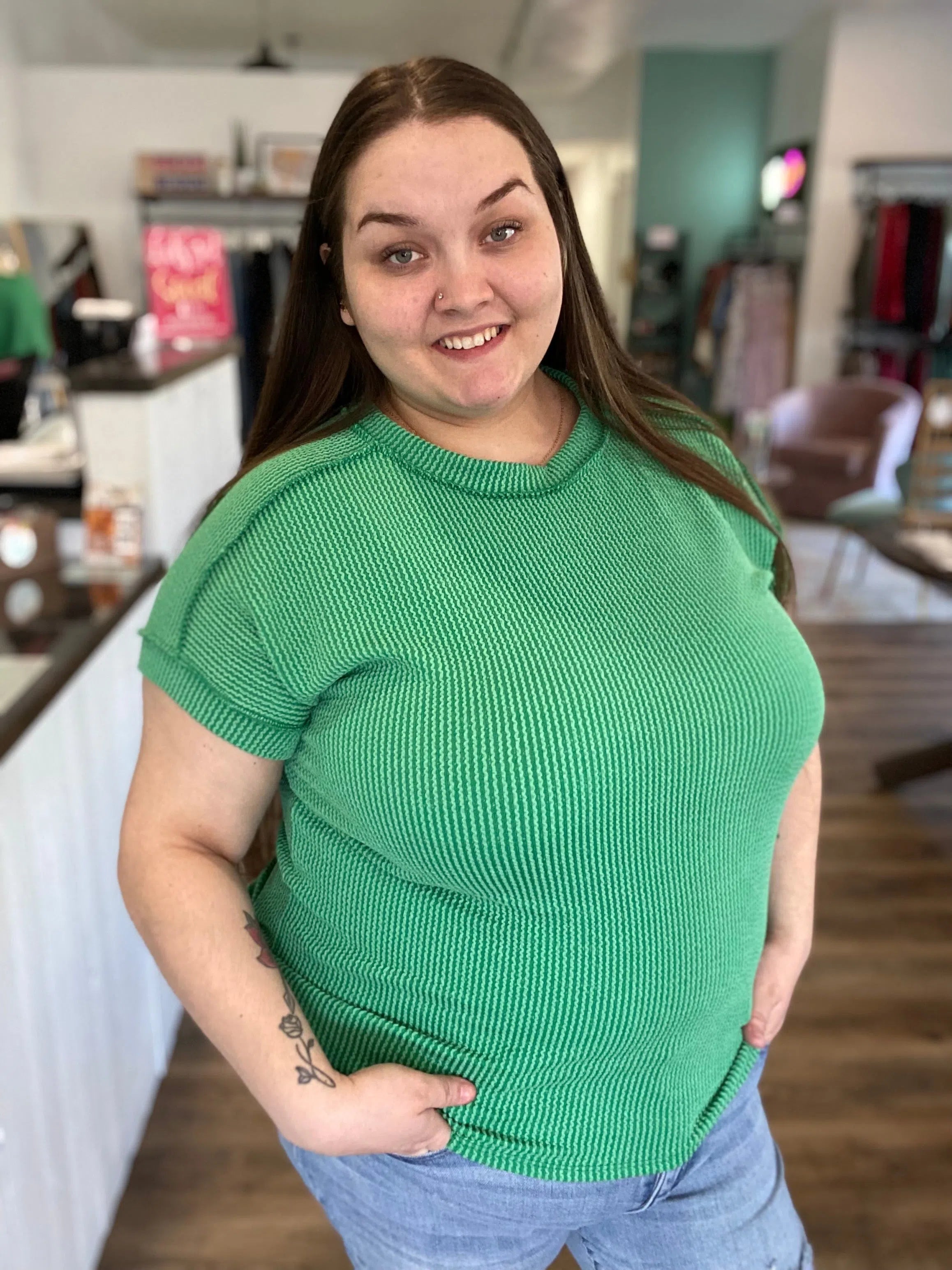Shop Green with Envy Ribbed Tee-Shirts & Tops at Ruby Joy Boutique, a Women's Clothing Store in Pickerington, Ohio