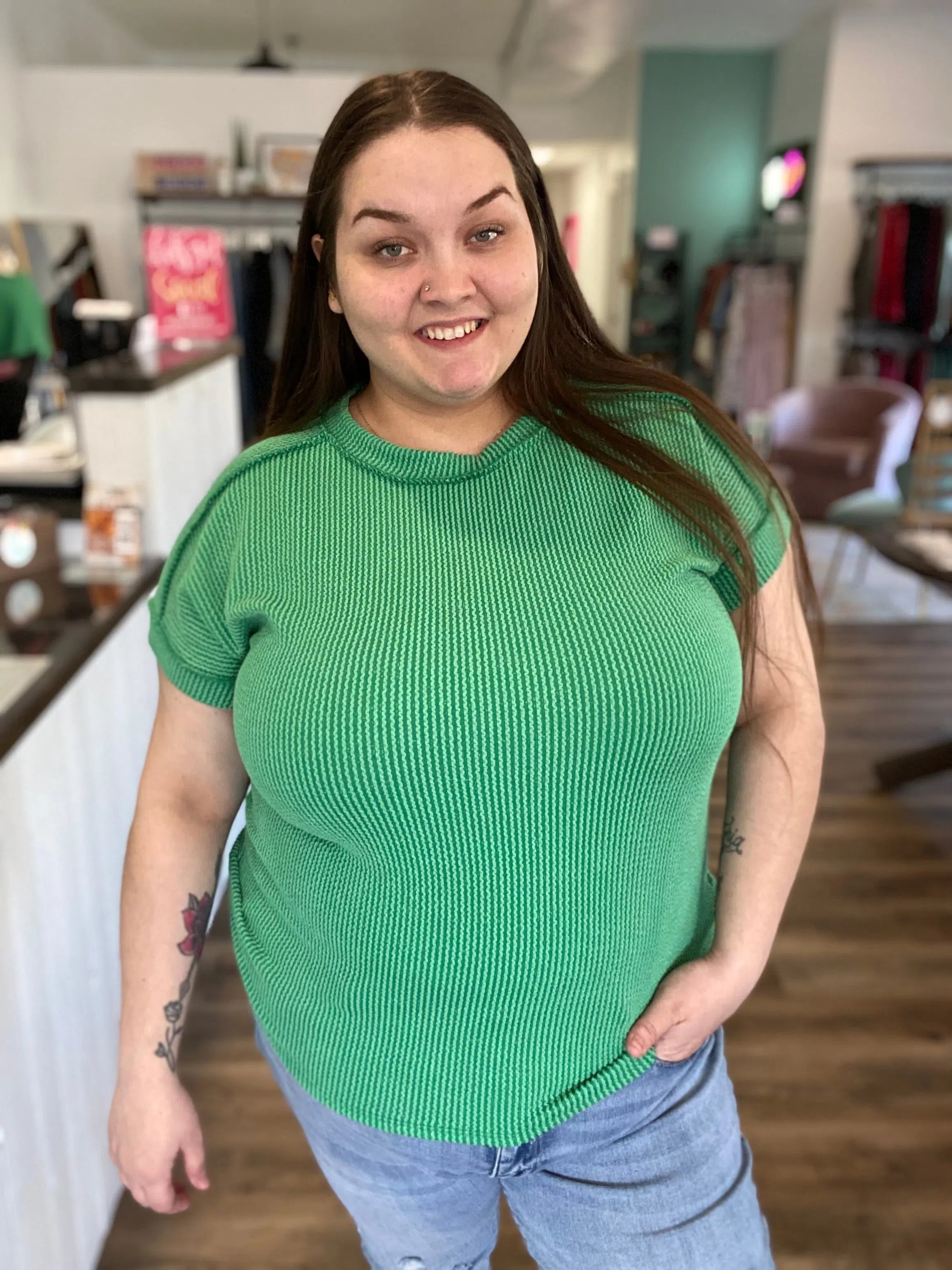 Shop Green with Envy Ribbed Tee-Shirts & Tops at Ruby Joy Boutique, a Women's Clothing Store in Pickerington, Ohio