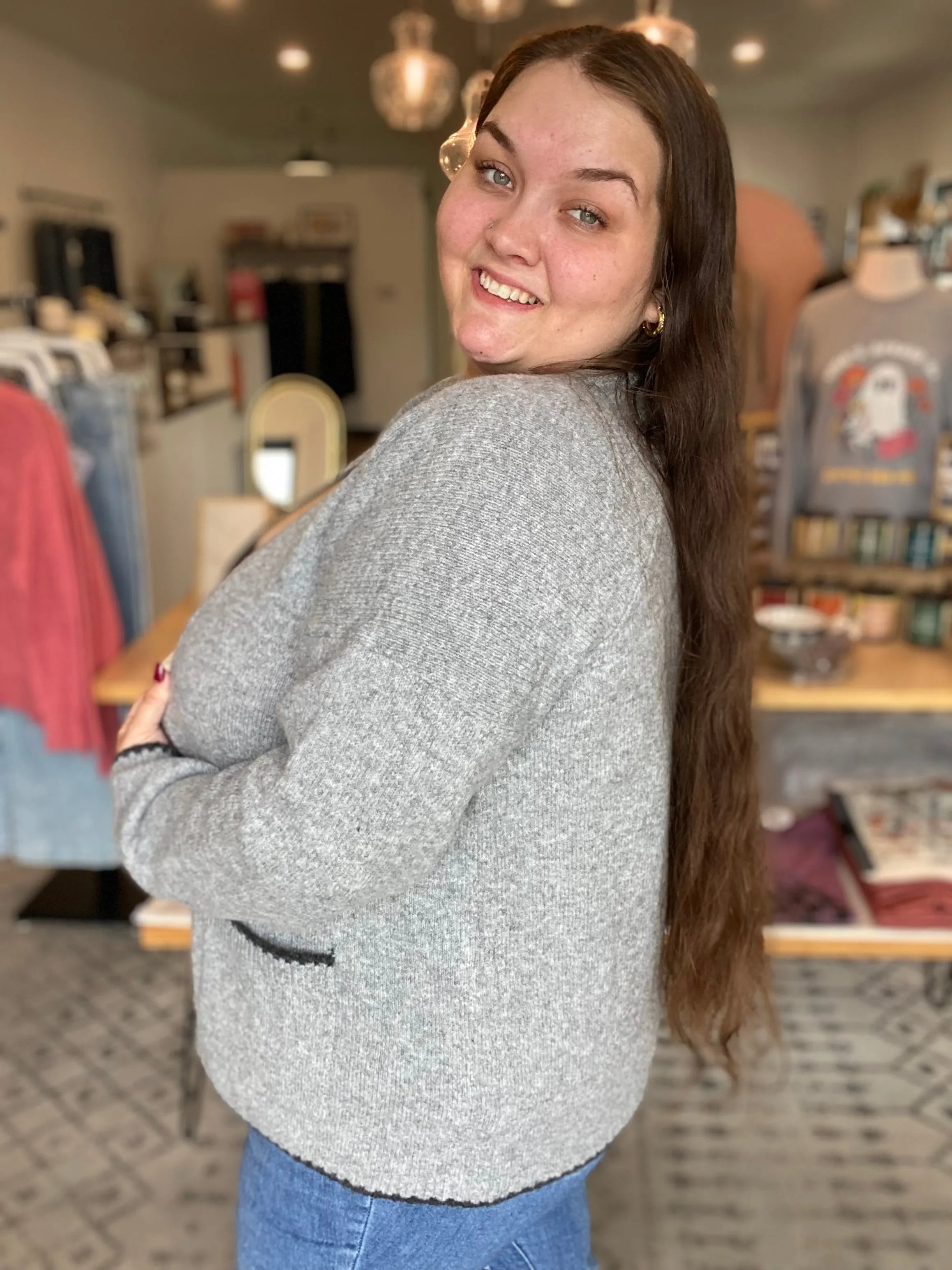 Shop Grey Open Knit Cardigan- at Ruby Joy Boutique, a Women's Clothing Store in Pickerington, Ohio