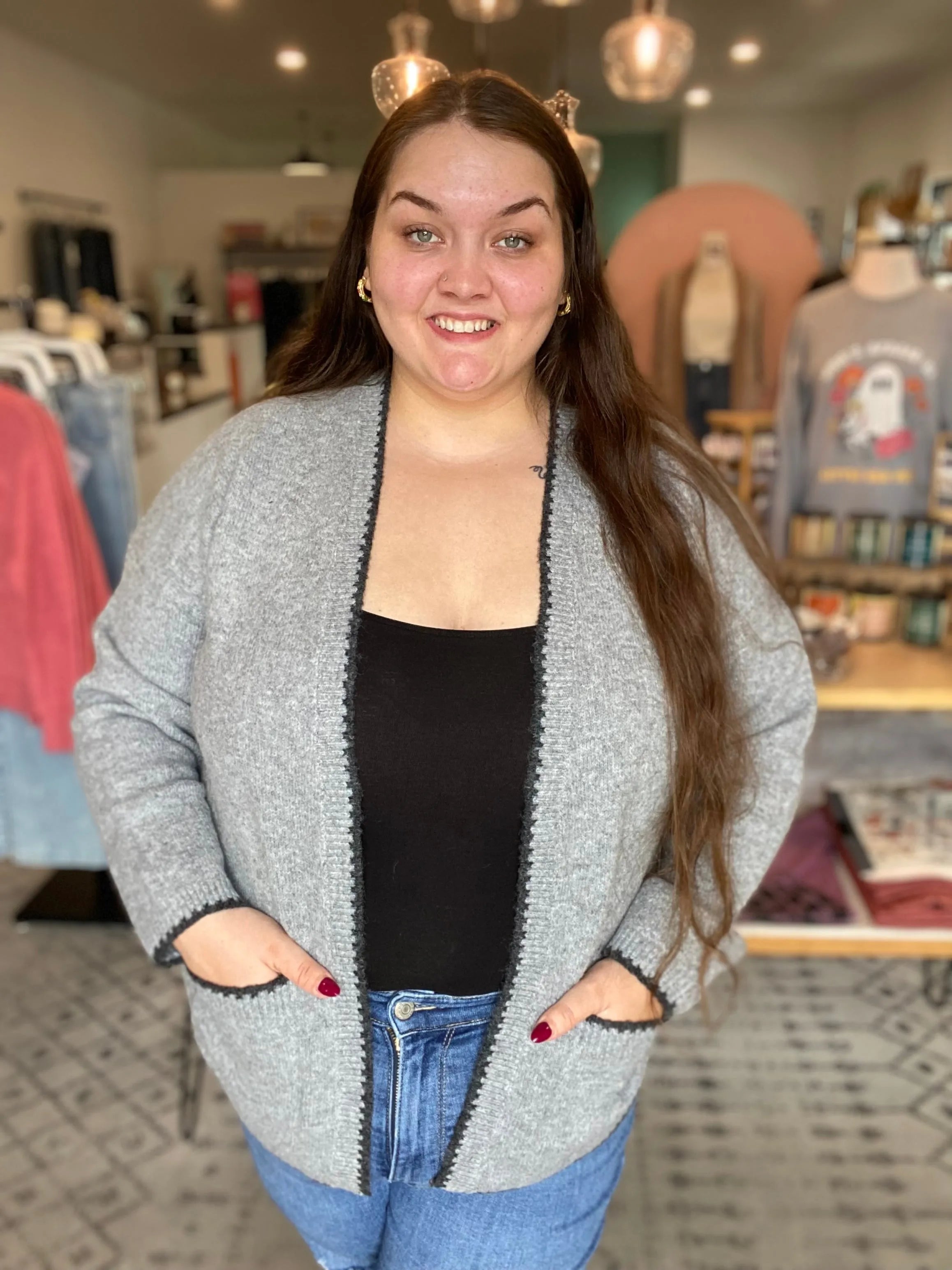 Shop Grey Open Knit Cardigan- at Ruby Joy Boutique, a Women's Clothing Store in Pickerington, Ohio
