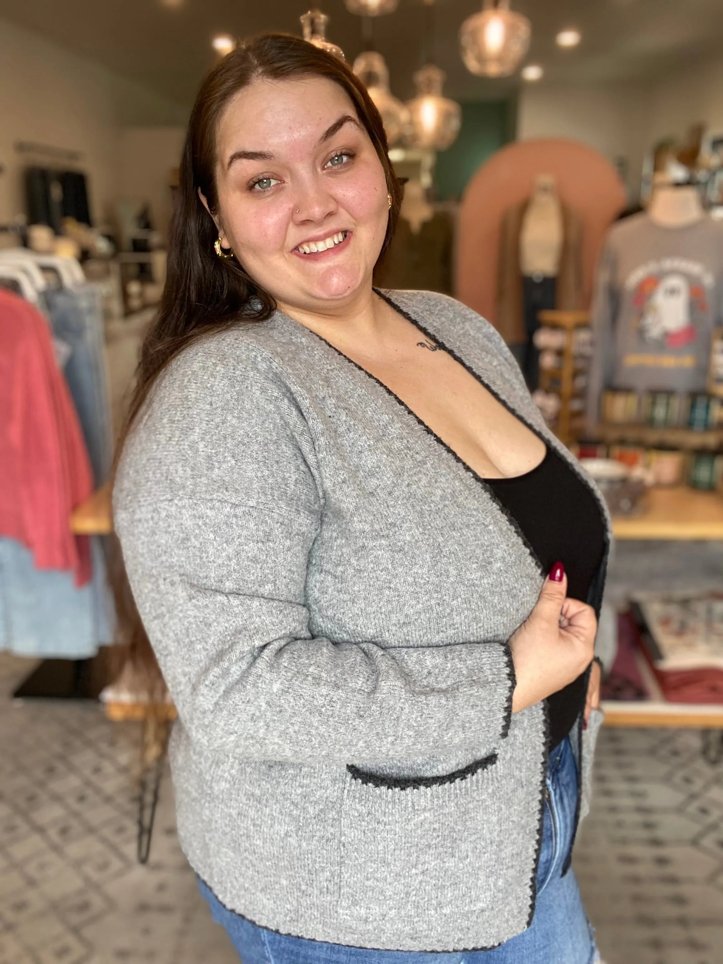 Shop Grey Open Knit Cardigan- at Ruby Joy Boutique, a Women's Clothing Store in Pickerington, Ohio