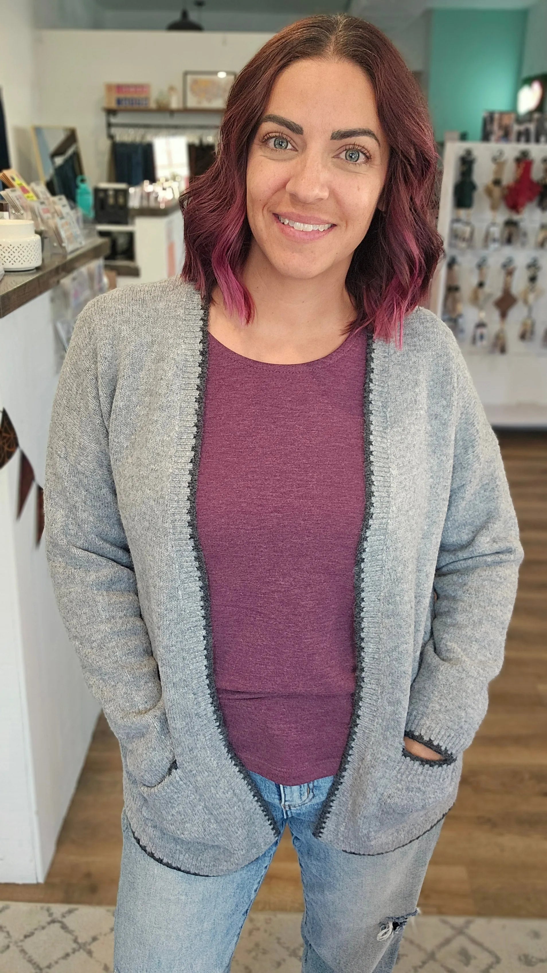 Shop Grey Open Knit Cardigan- at Ruby Joy Boutique, a Women's Clothing Store in Pickerington, Ohio