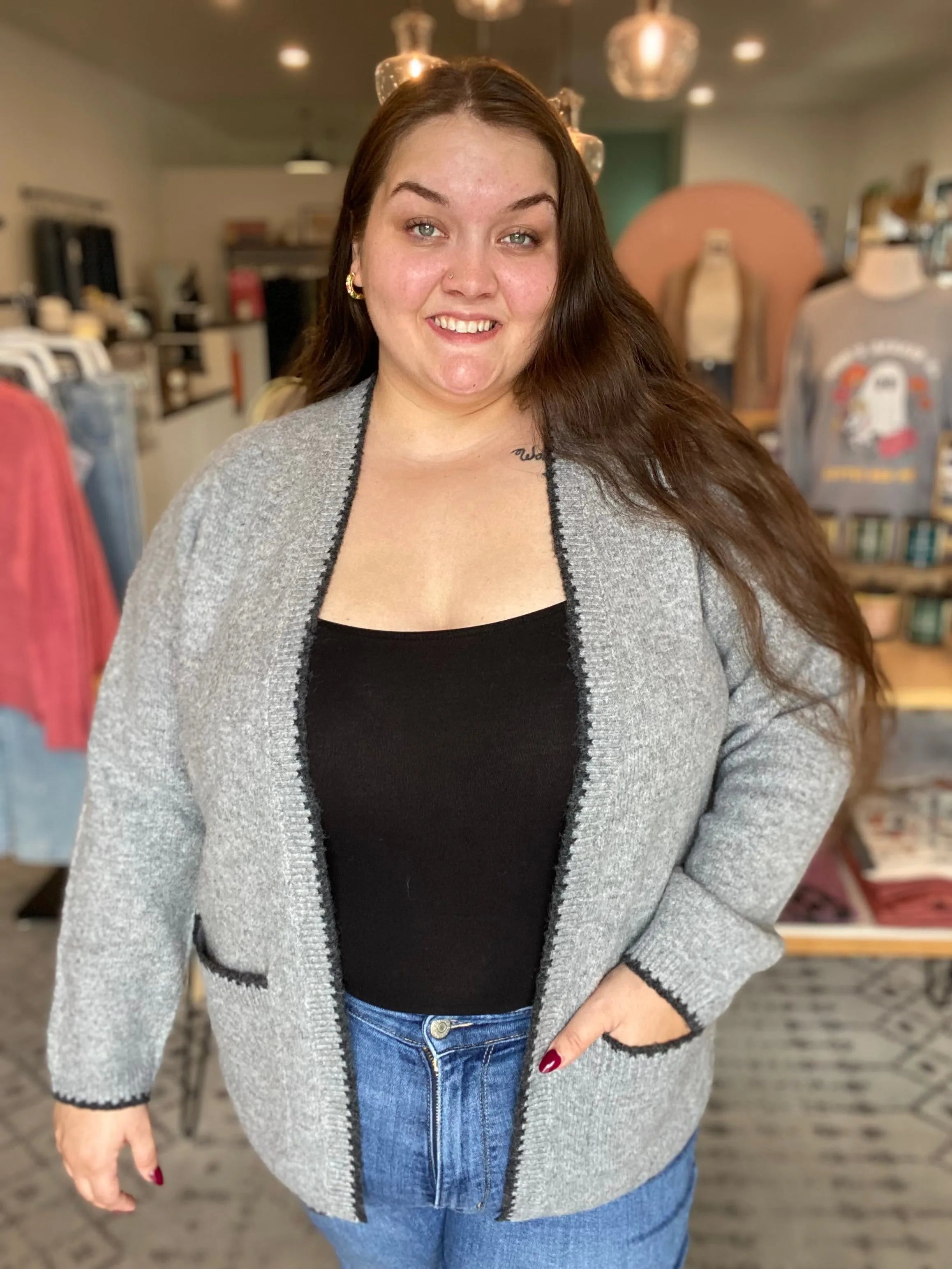 Shop Grey Open Knit Cardigan-XL at Ruby Joy Boutique, a Women's Clothing Store in Pickerington, Ohio