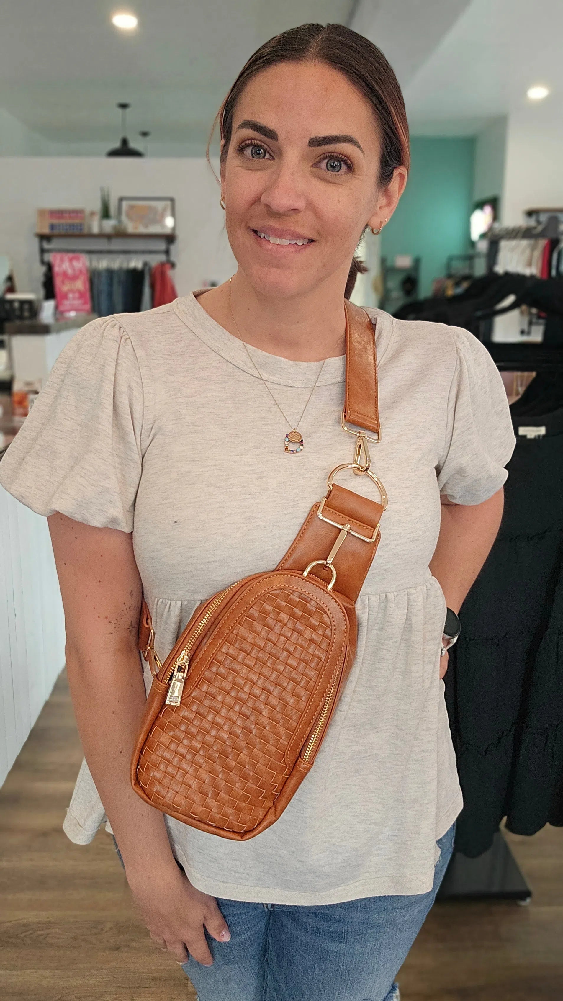 Shop Hadley Woven Sling Bag-Purse at Ruby Joy Boutique, a Women's Clothing Store in Pickerington, Ohio