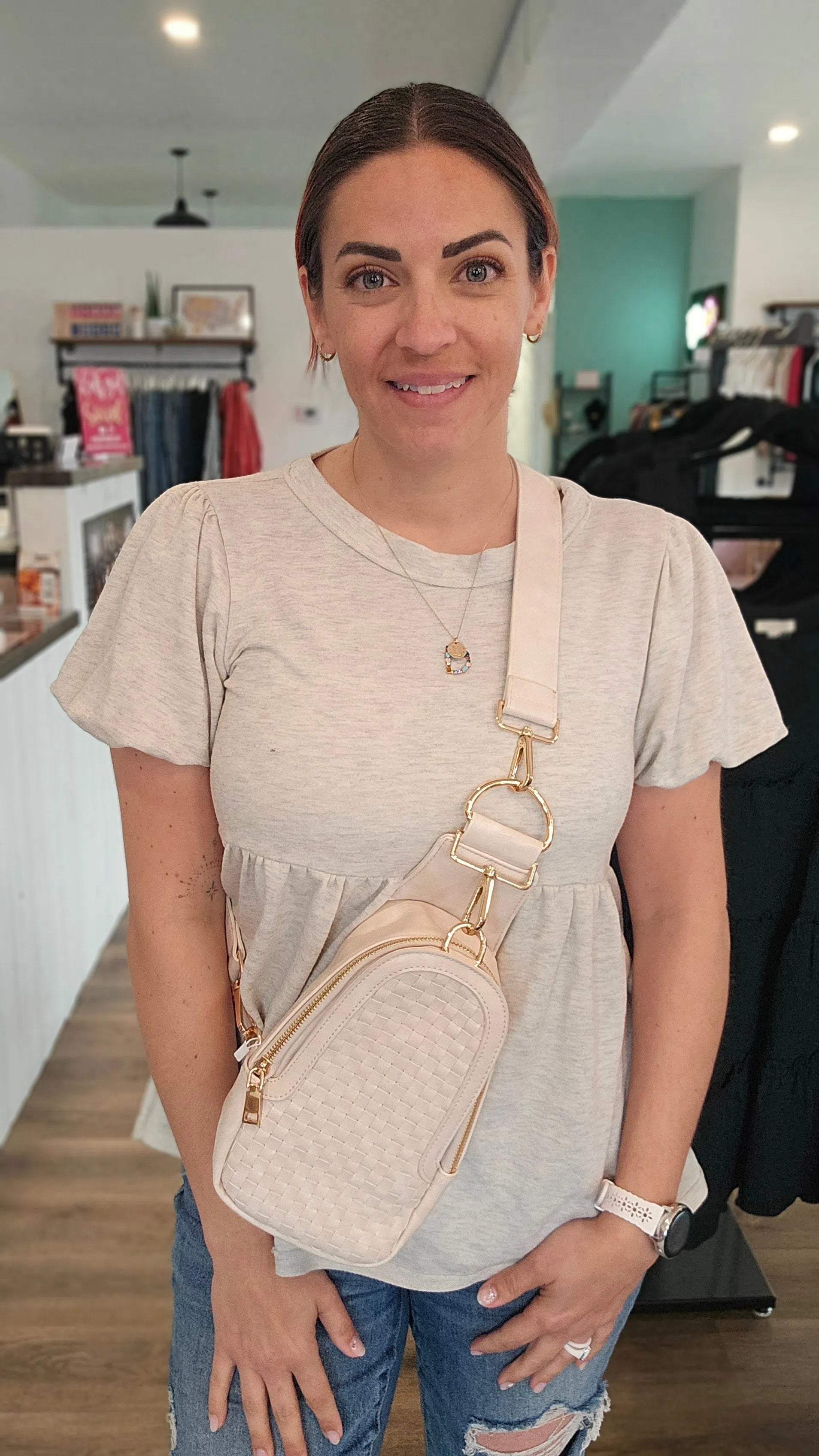 Shop Hadley Woven Sling Bag-Purse at Ruby Joy Boutique, a Women's Clothing Store in Pickerington, Ohio