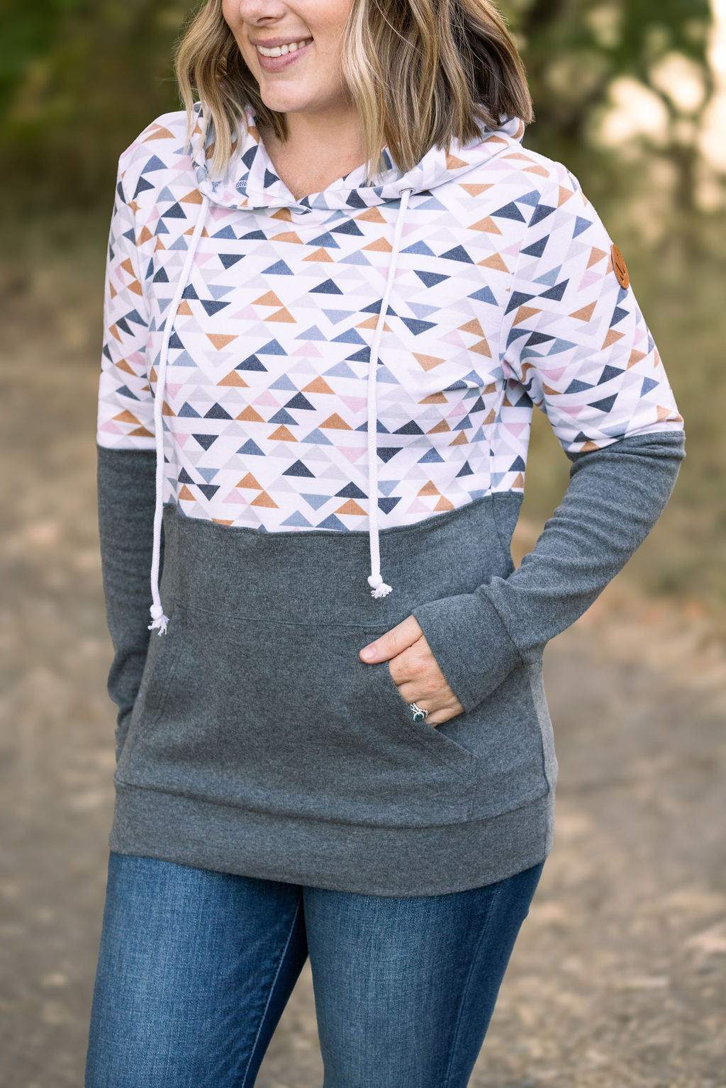 Shop Hailey Pullover Hoodie - Geometric and Charcoal-Hoodie at Ruby Joy Boutique, a Women's Clothing Store in Pickerington, Ohio