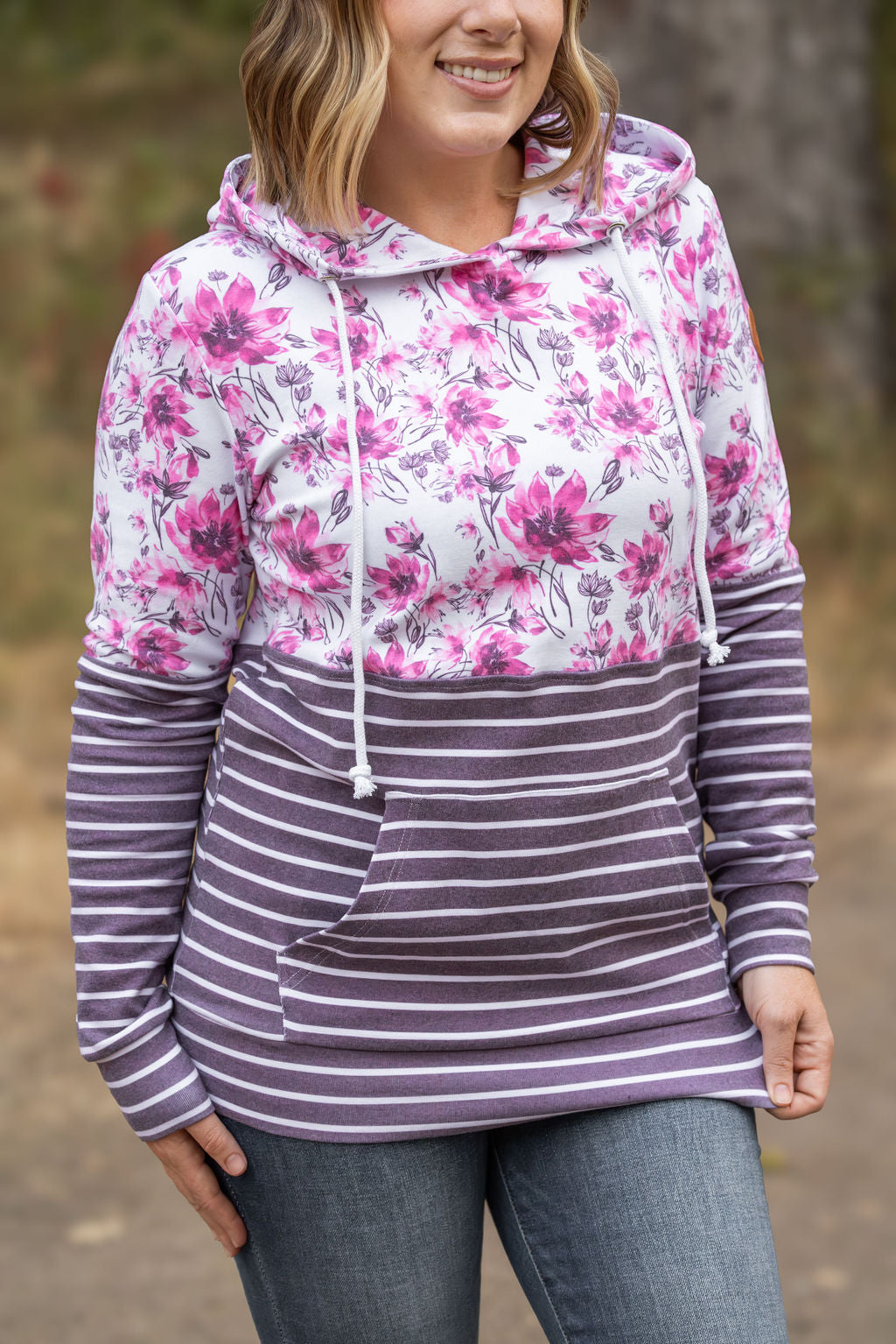 Shop Hailey Pullover Hoodie - Pink Floral and Stripes-Hoodie at Ruby Joy Boutique, a Women's Clothing Store in Pickerington, Ohio