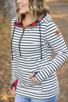 Shop HalfZip Hoodie - Oatmeal Stripes and Buffalo Plaid-Hoodie at Ruby Joy Boutique, a Women's Clothing Store in Pickerington, Ohio