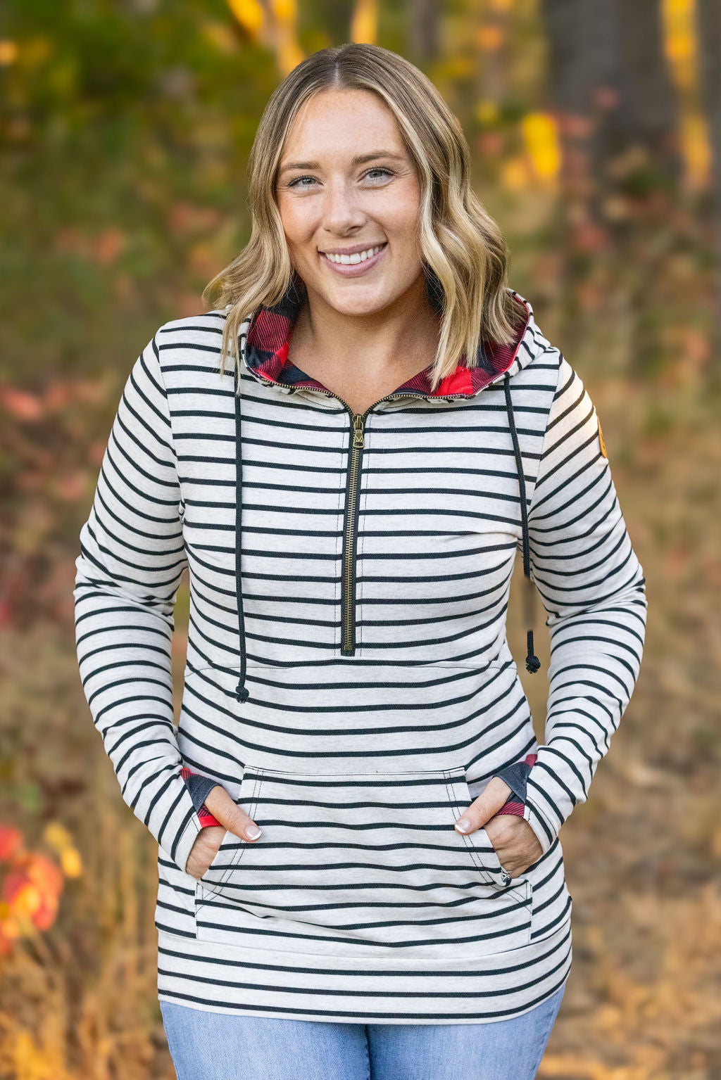 Shop HalfZip Hoodie - Oatmeal Stripes and Buffalo Plaid-Hoodie at Ruby Joy Boutique, a Women's Clothing Store in Pickerington, Ohio