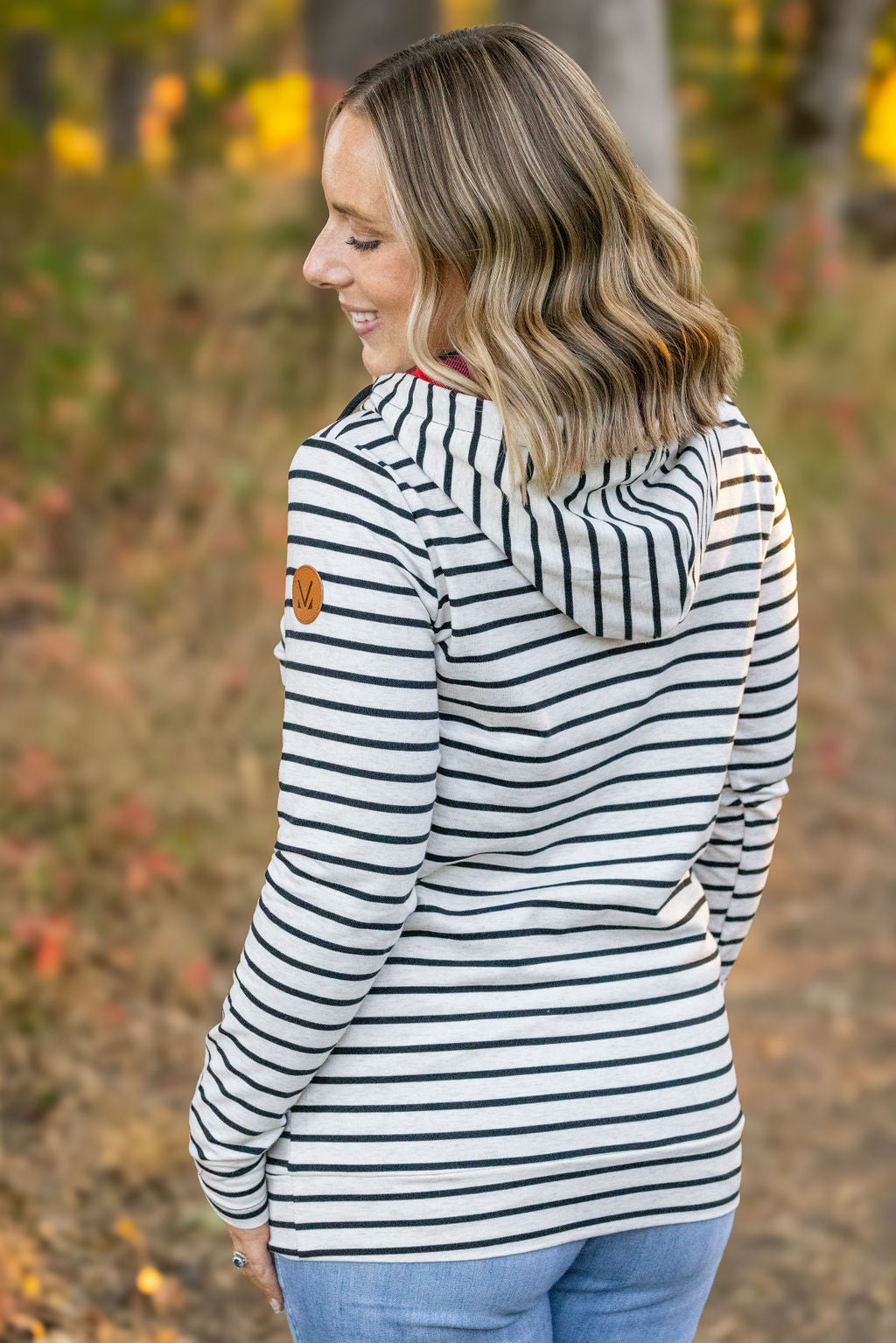 Shop HalfZip Hoodie - Oatmeal Stripes and Buffalo Plaid-Hoodie at Ruby Joy Boutique, a Women's Clothing Store in Pickerington, Ohio