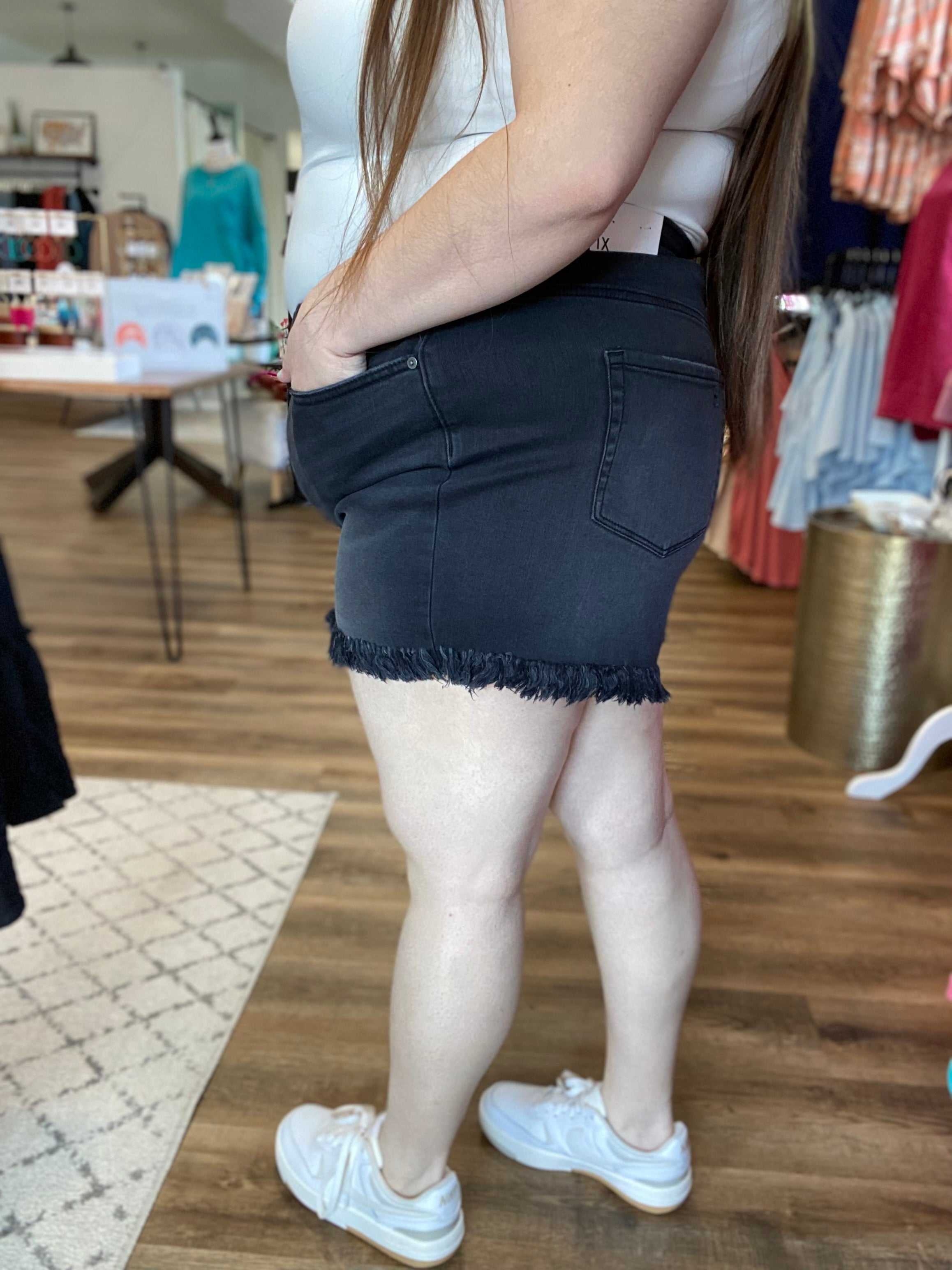 Shop Halle Frayed Black Denim Shorts | Zenana-Shorts at Ruby Joy Boutique, a Women's Clothing Store in Pickerington, Ohio