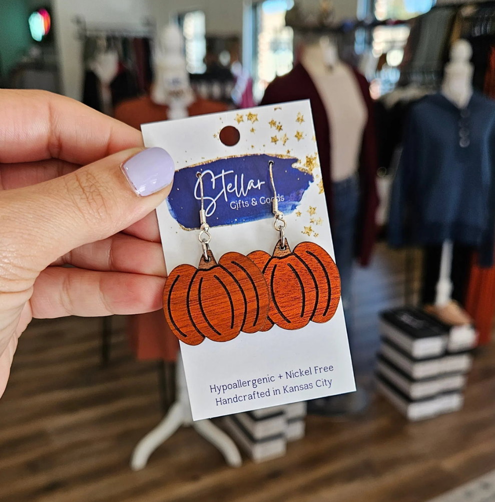 Shop Hand-Painted Wood Pumpkin Earrings-Earrings at Ruby Joy Boutique, a Women's Clothing Store in Pickerington, Ohio