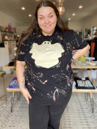 Shop Happy Halloween Bleach Splattered Ghost Tee-Graphic Tee at Ruby Joy Boutique, a Women's Clothing Store in Pickerington, Ohio
