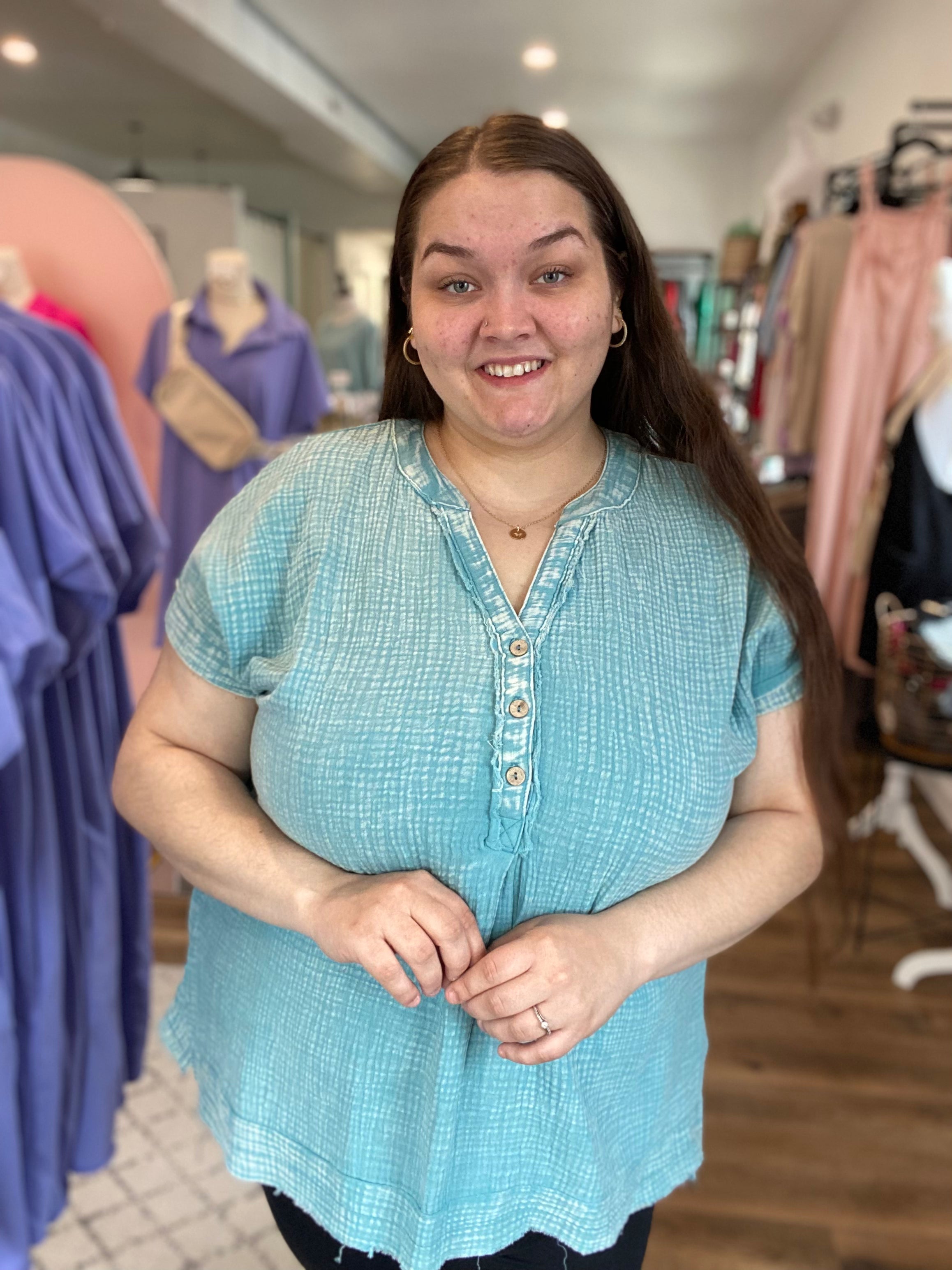 Shop Harbor Henley Gauze Top - Teal- at Ruby Joy Boutique, a Women's Clothing Store in Pickerington, Ohio