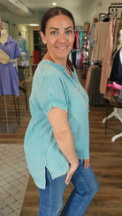 Shop Harbor Henley Gauze Top - Teal- at Ruby Joy Boutique, a Women's Clothing Store in Pickerington, Ohio