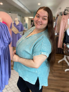 Shop Harbor Henley Gauze Top - Teal- at Ruby Joy Boutique, a Women's Clothing Store in Pickerington, Ohio