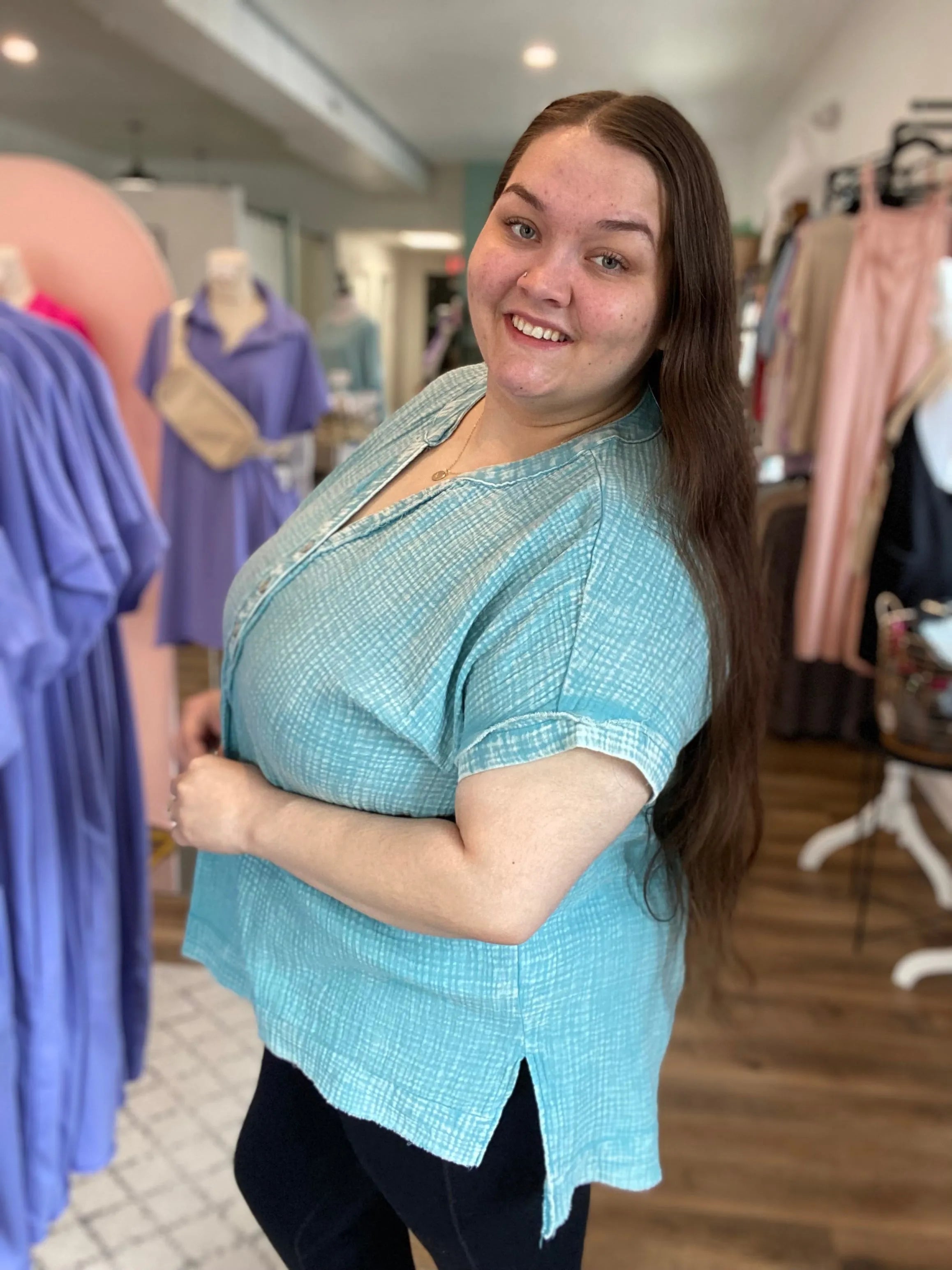 Shop Harbor Henley Gauze Top - Teal- at Ruby Joy Boutique, a Women's Clothing Store in Pickerington, Ohio