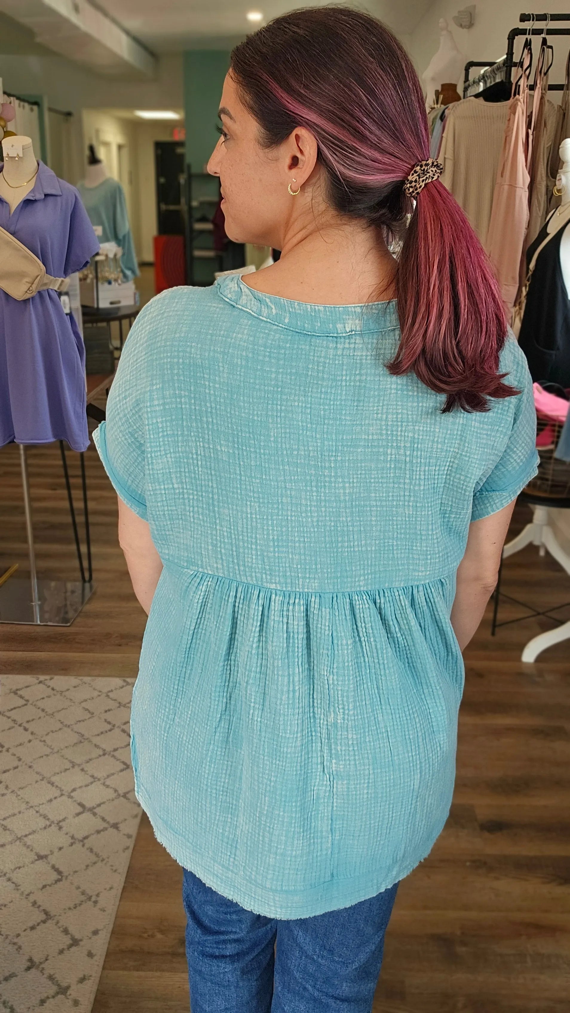 Shop Harbor Henley Gauze Top - Teal- at Ruby Joy Boutique, a Women's Clothing Store in Pickerington, Ohio