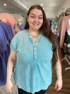 Shop Harbor Henley Gauze Top - Teal- at Ruby Joy Boutique, a Women's Clothing Store in Pickerington, Ohio