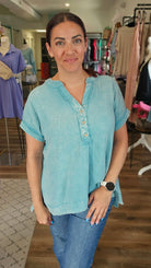Shop Harbor Henley Gauze Top - Teal- at Ruby Joy Boutique, a Women's Clothing Store in Pickerington, Ohio