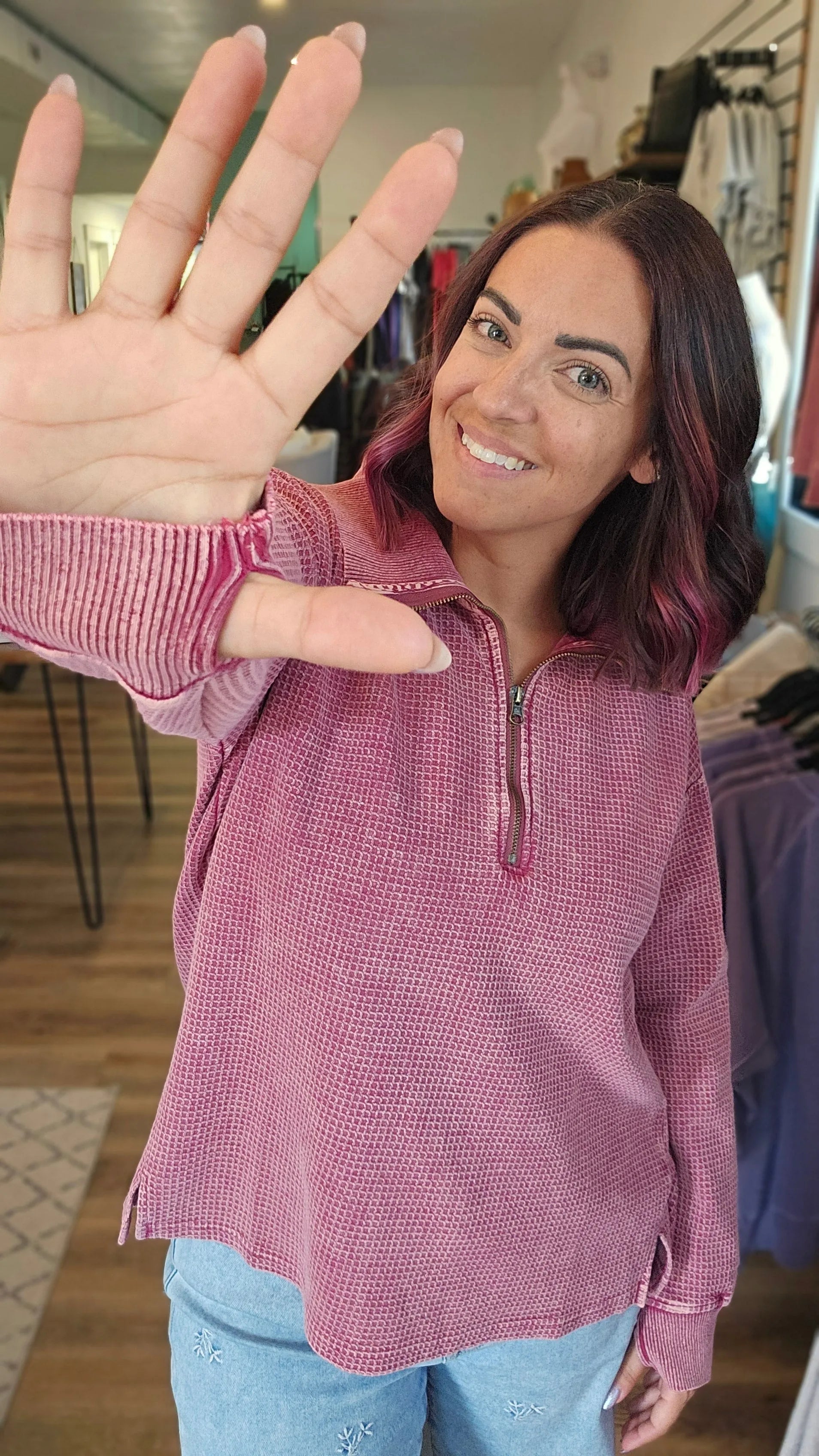 Shop Hideaway Thermal Pullover - Washed Berry- at Ruby Joy Boutique, a Women's Clothing Store in Pickerington, Ohio