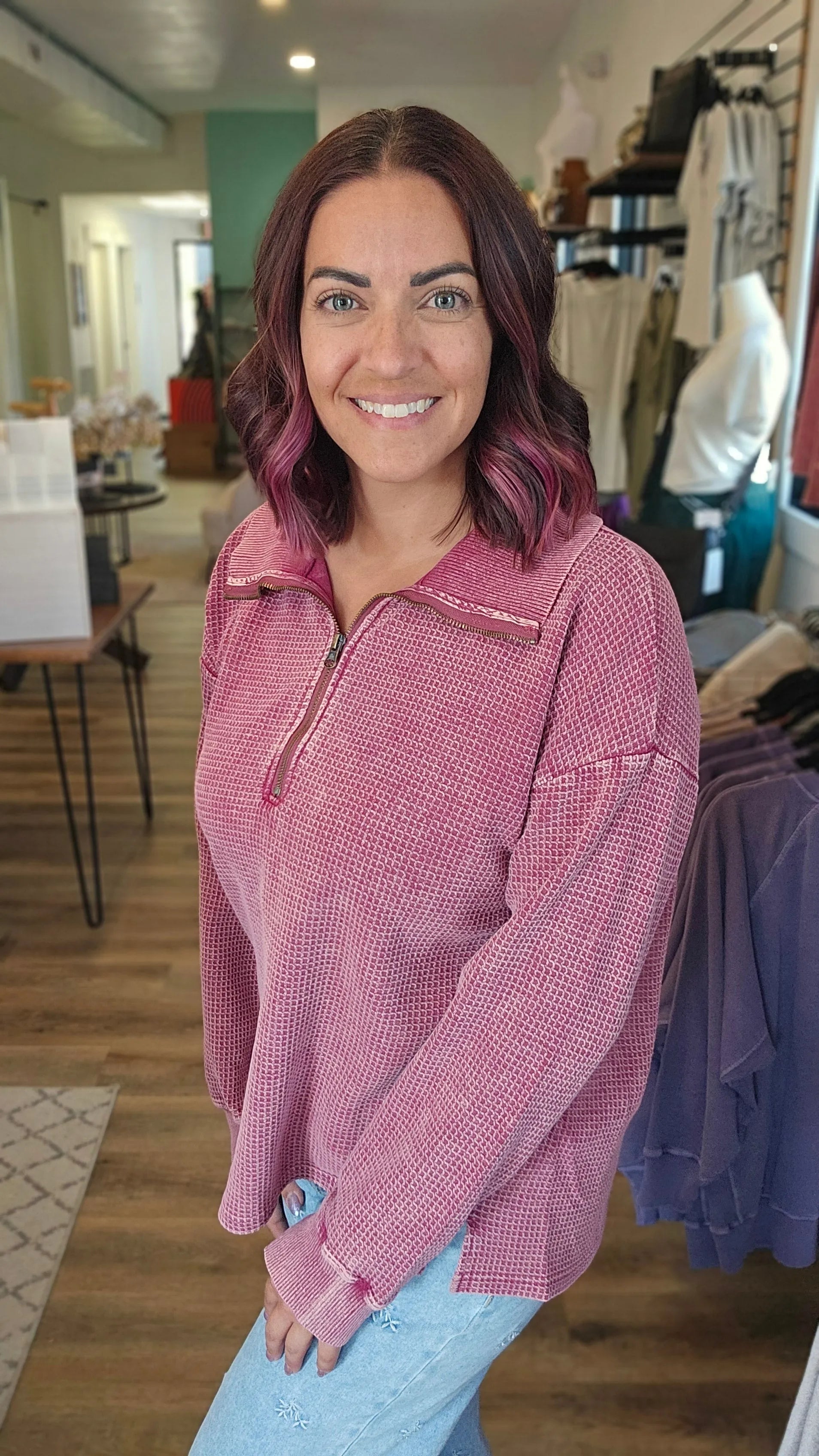 Shop Hideaway Thermal Pullover - Washed Berry- at Ruby Joy Boutique, a Women's Clothing Store in Pickerington, Ohio