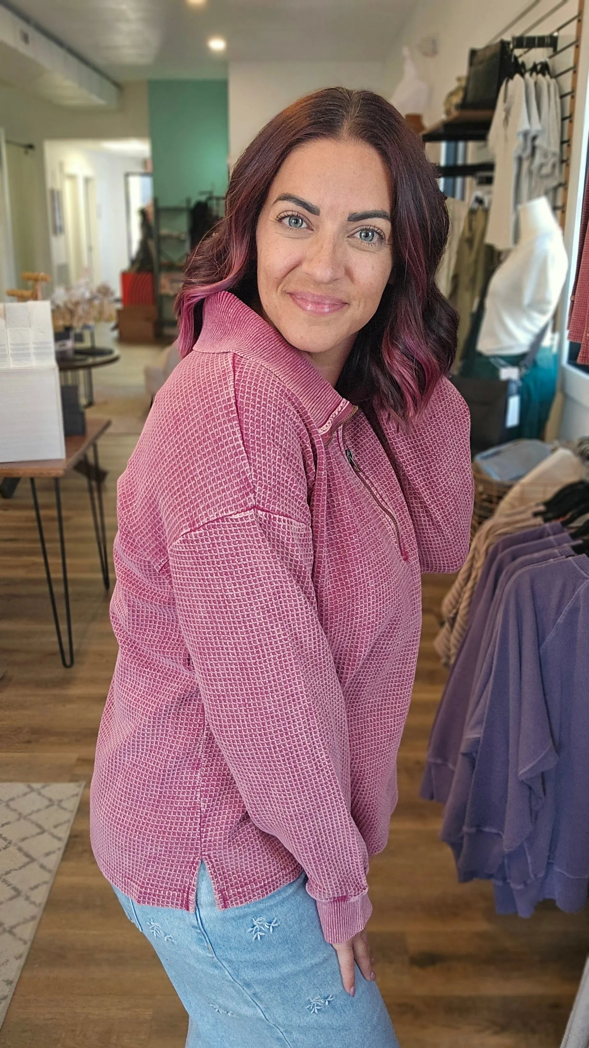Shop Hideaway Thermal Pullover - Washed Berry- at Ruby Joy Boutique, a Women's Clothing Store in Pickerington, Ohio