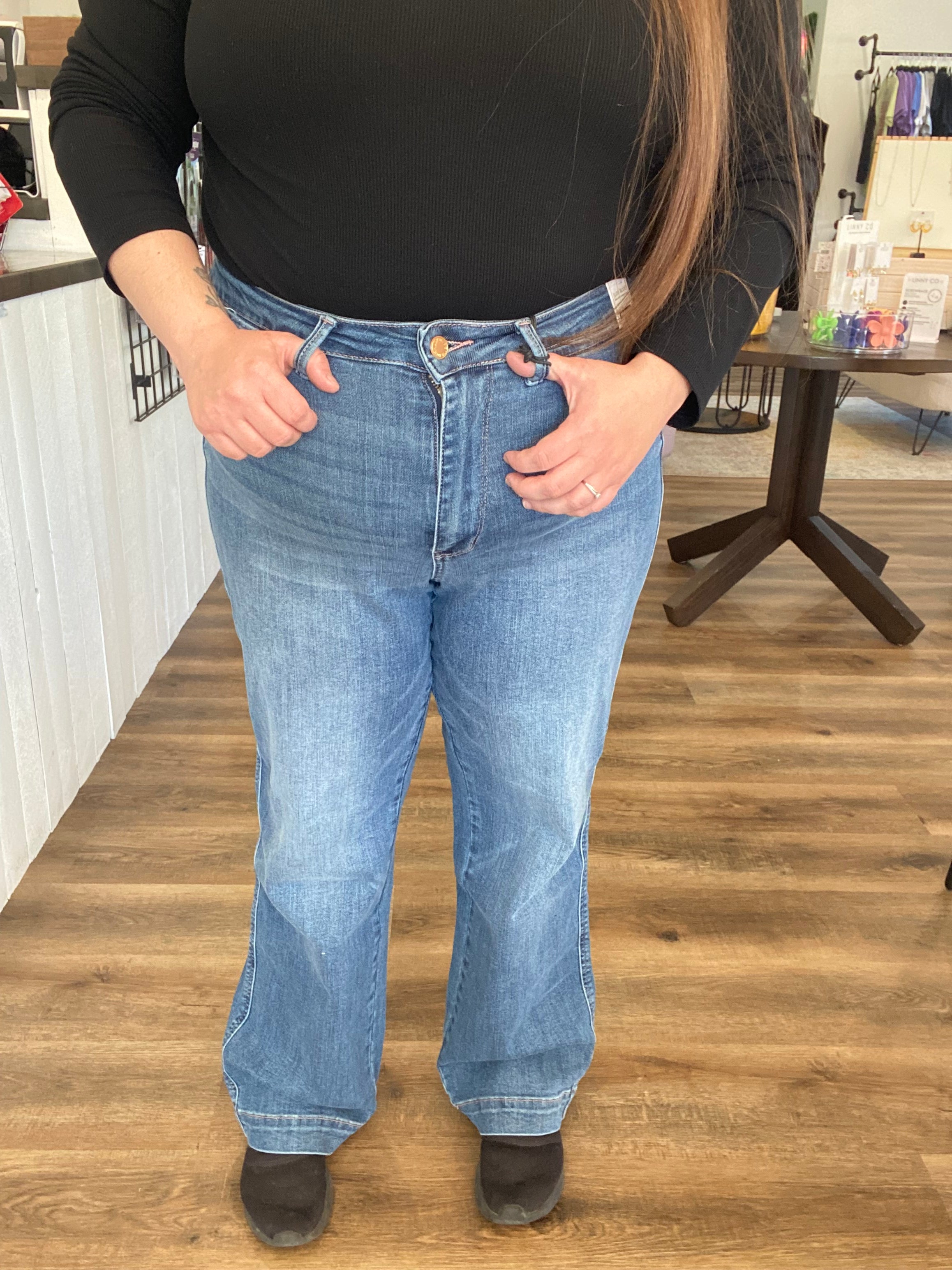 Shop High-Rise Straight Leg Contrast Thread Jeans | Judy Blue- at Ruby Joy Boutique, a Women's Clothing Store in Pickerington, Ohio