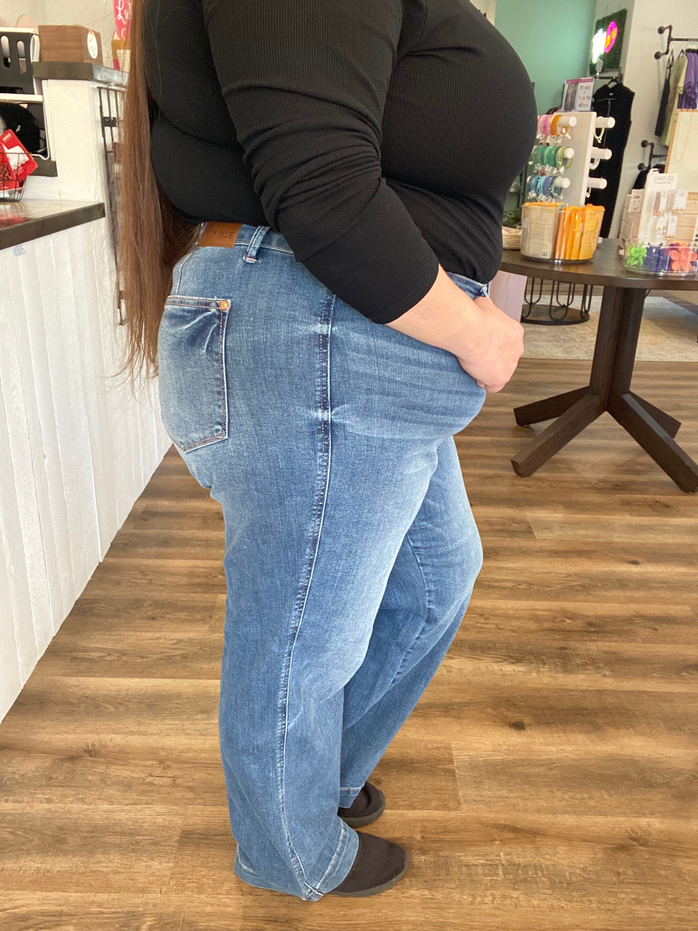 Shop High-Rise Straight Leg Contrast Thread Jeans | Judy Blue-15(32) at Ruby Joy Boutique, a Women's Clothing Store in Pickerington, Ohio