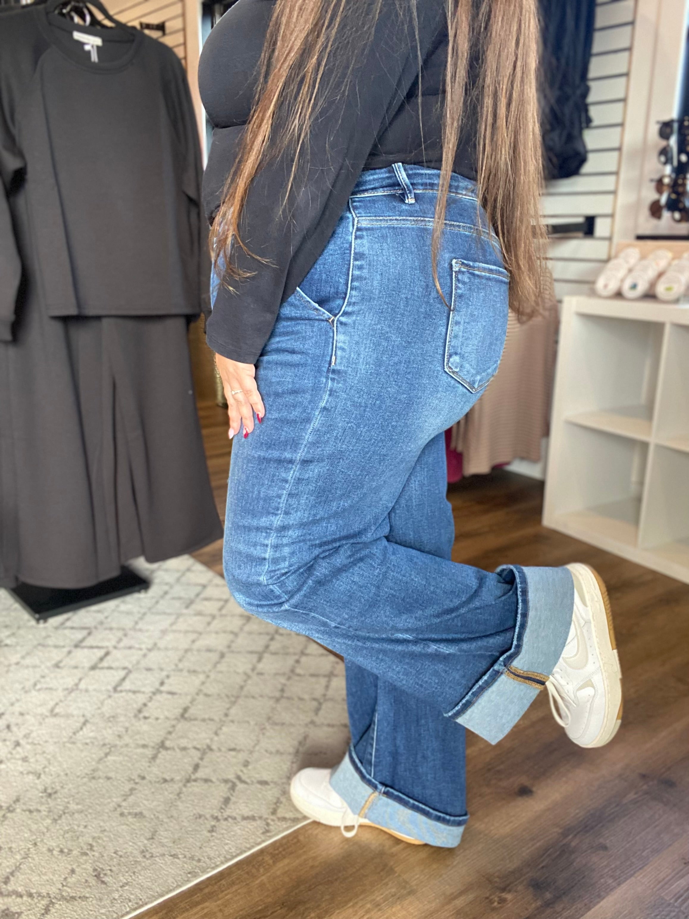 Shop High-Rise Wide Cuff Jeans with Tummy Control | Risen-1XL at Ruby Joy Boutique, a Women's Clothing Store in Pickerington, Ohio