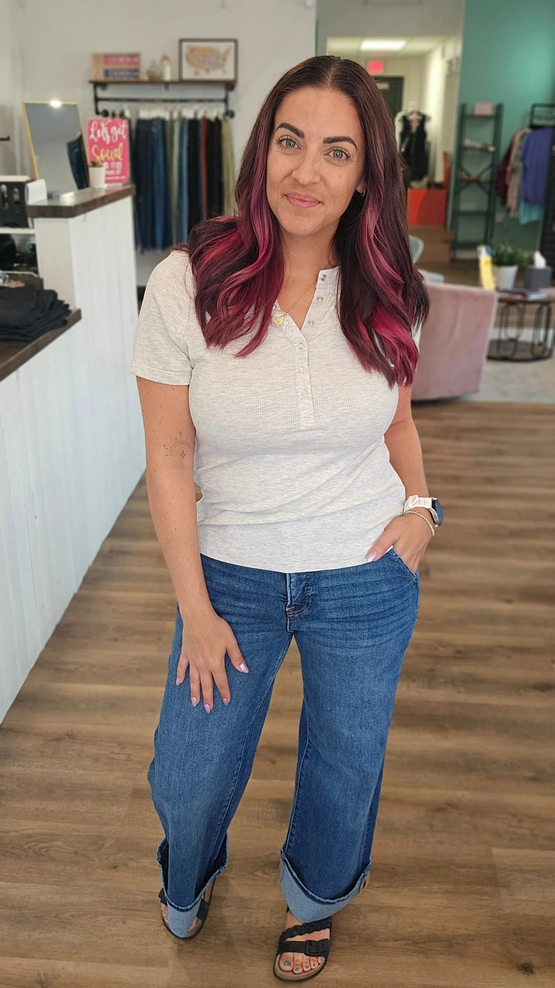 Shop High-Rise Wide Cuff Jeans with Tummy Control | Risen- at Ruby Joy Boutique, a Women's Clothing Store in Pickerington, Ohio