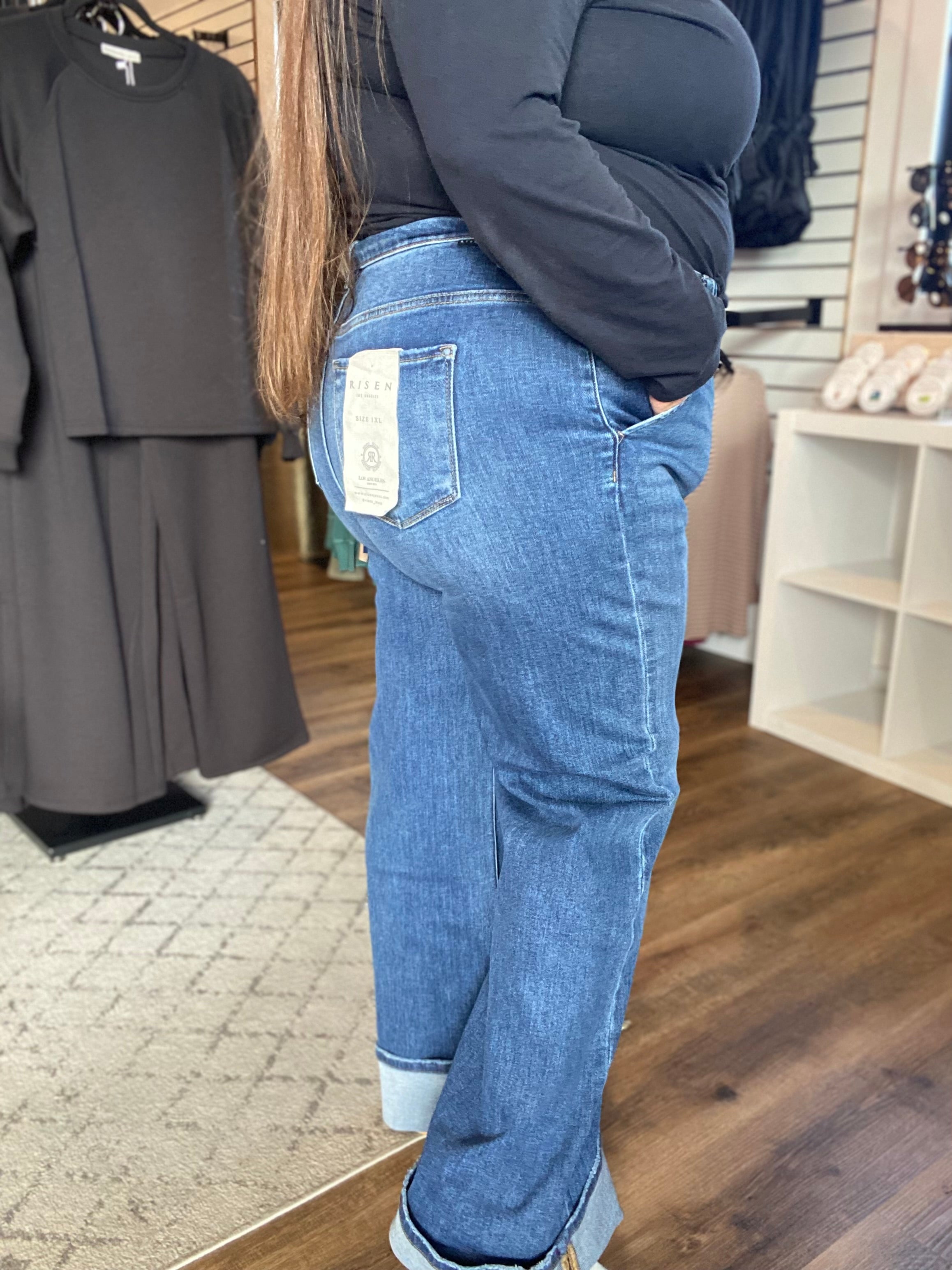 Shop High-Rise Wide Cuff Jeans with Tummy Control | Risen- at Ruby Joy Boutique, a Women's Clothing Store in Pickerington, Ohio