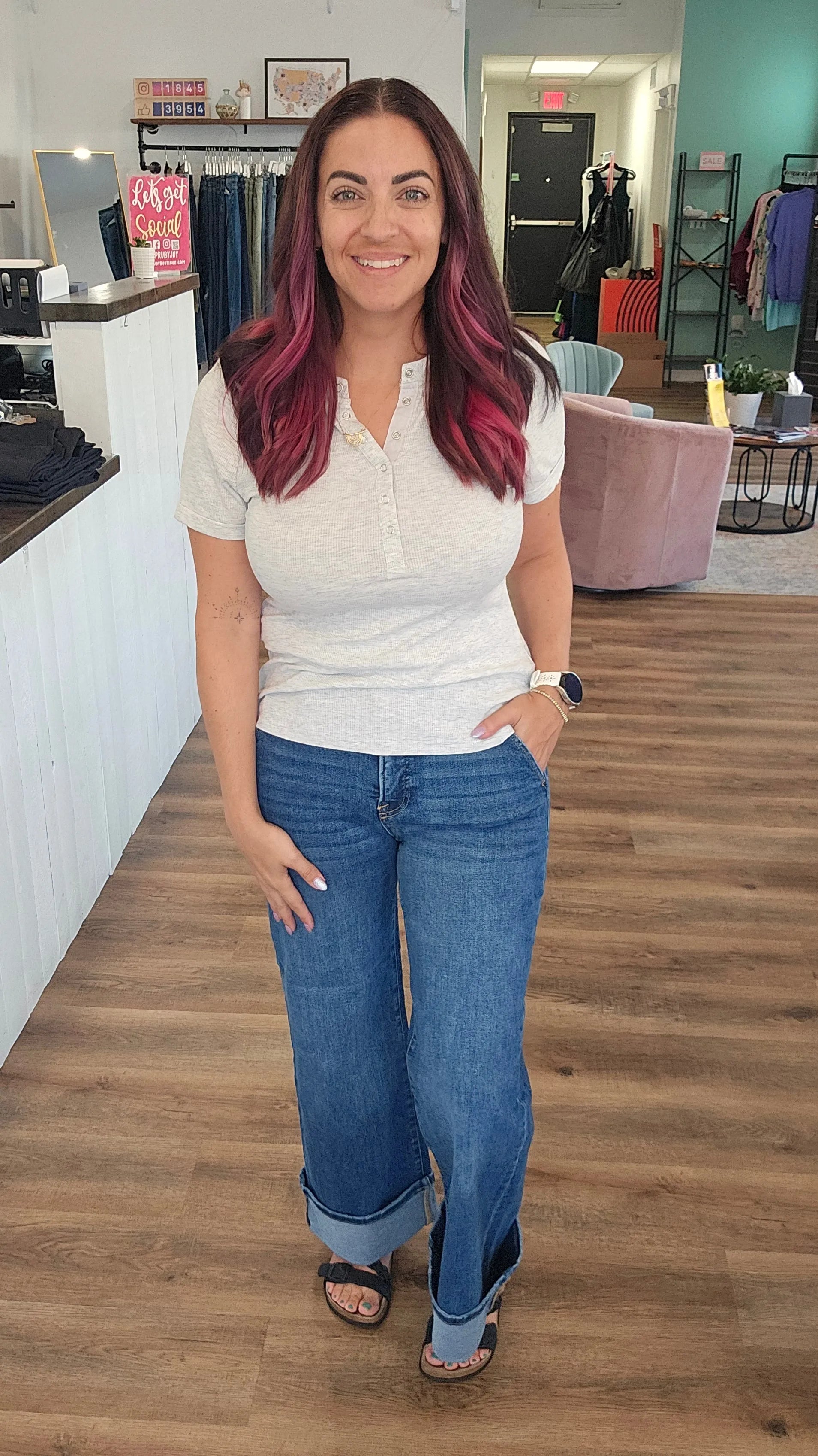 Shop High-Rise Wide Cuff Jeans with Tummy Control | Risen- at Ruby Joy Boutique, a Women's Clothing Store in Pickerington, Ohio