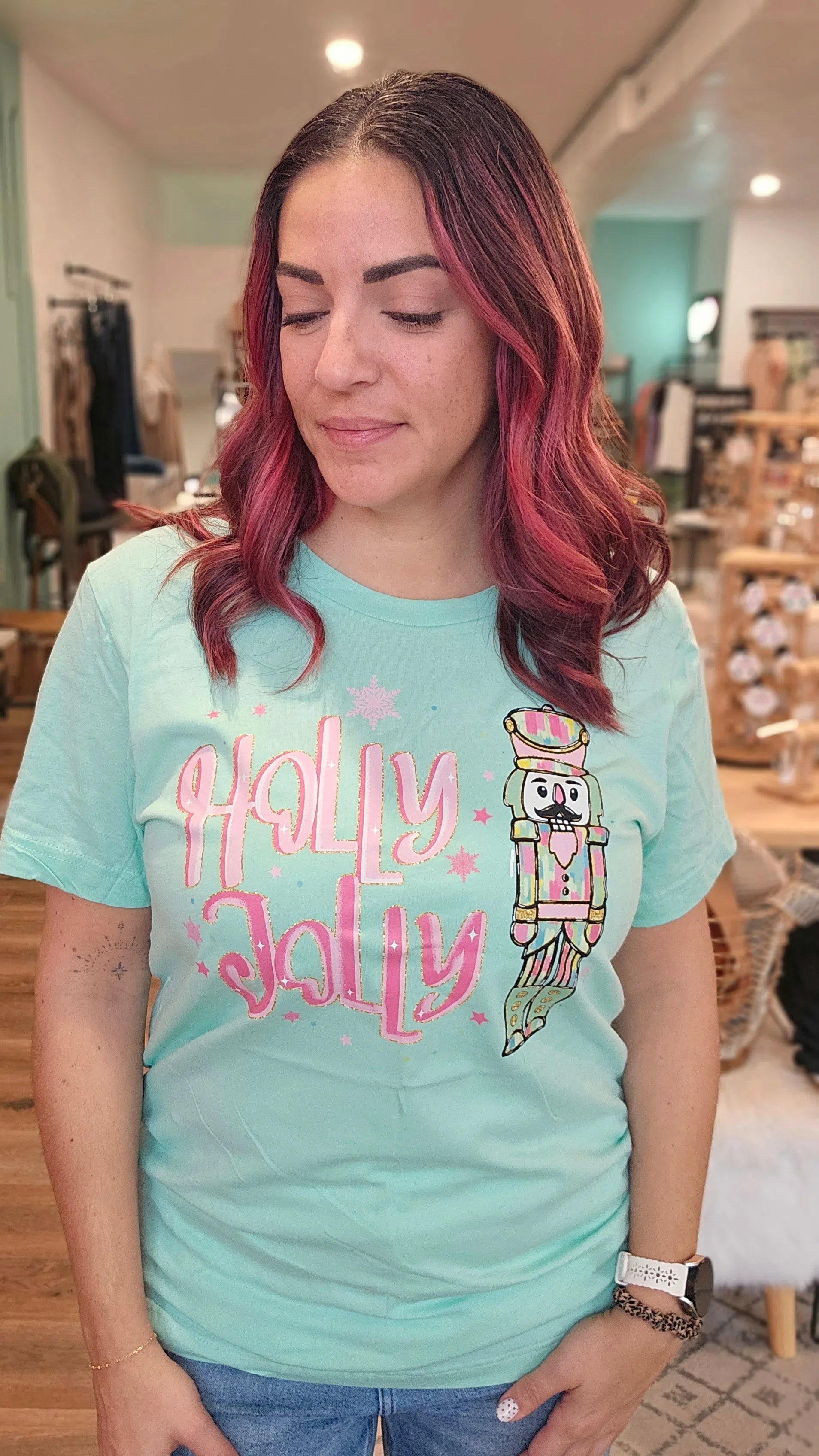 Shop Holly Jolly Bright Nutcracker Tee-Graphic Tee at Ruby Joy Boutique, a Women's Clothing Store in Pickerington, Ohio